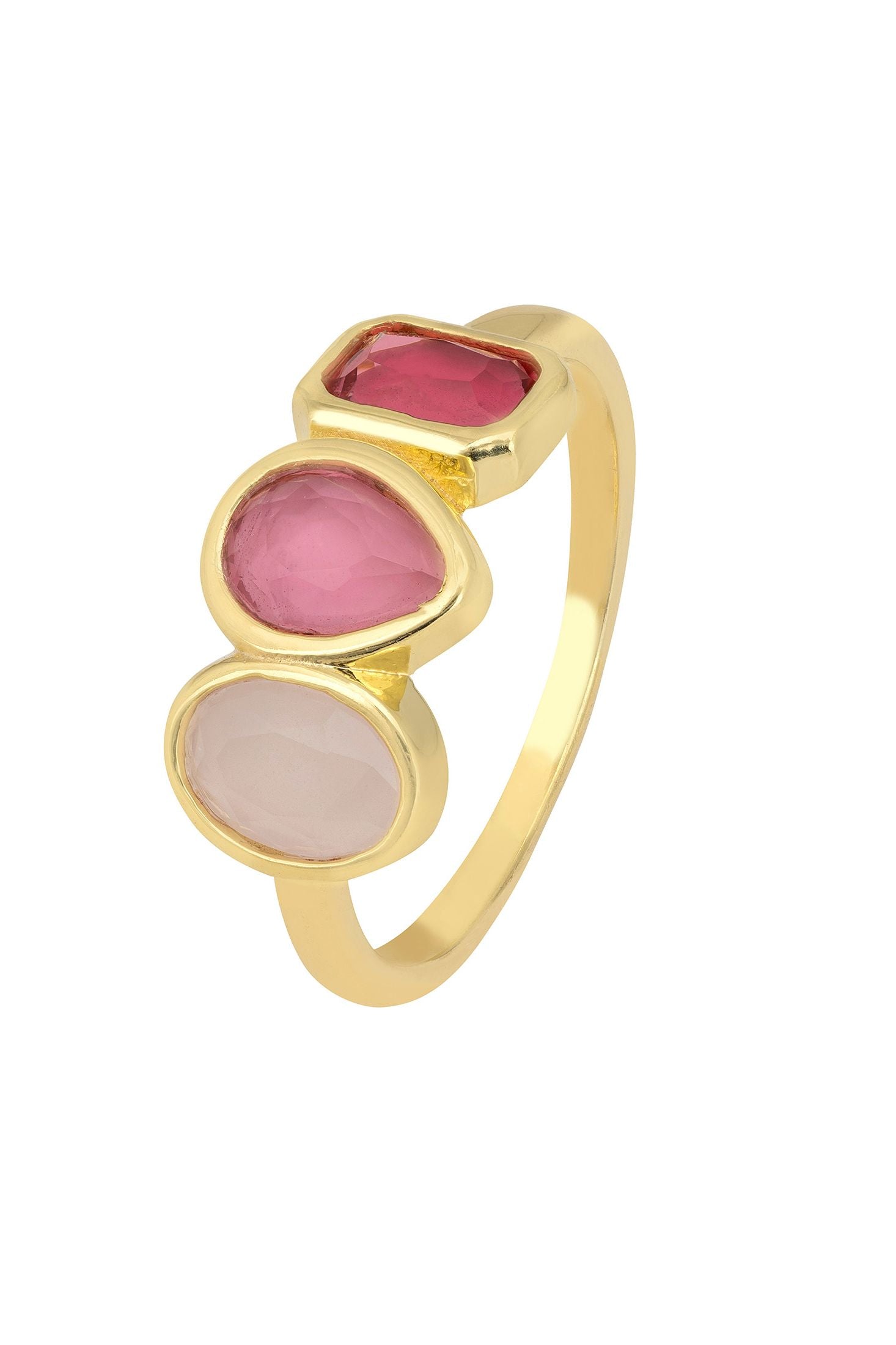 Front view of Verona Triple Gemstone Ring Gold The Pinks, showing rose quartz and ruby detailing, gold finish.