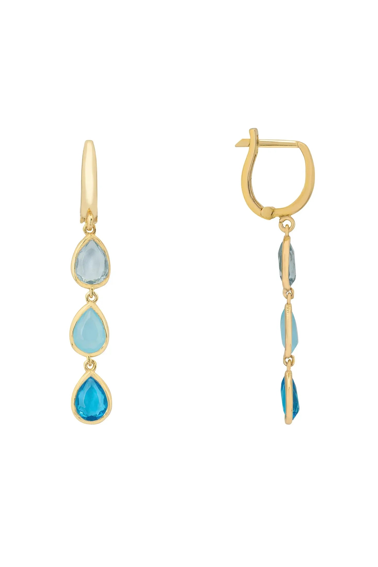 Angled view of Sardinia Triple Teardrop Earrings Gold The Blues, showing gold finish and the jewellery profile.