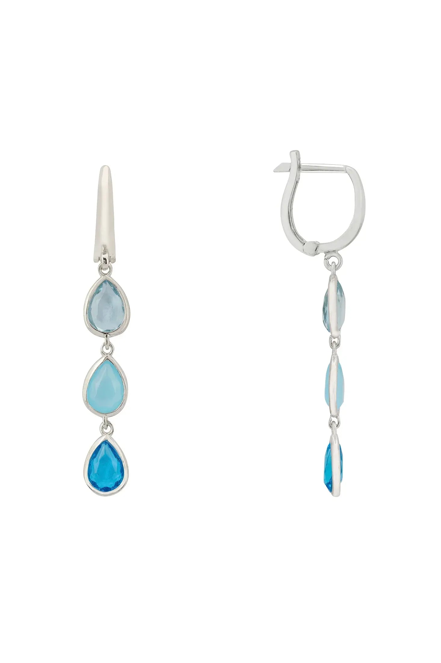 Angled view of Sardinia Triple Teardrop Earrings Silver The Blues, showing silver finish and the jewellery profile.