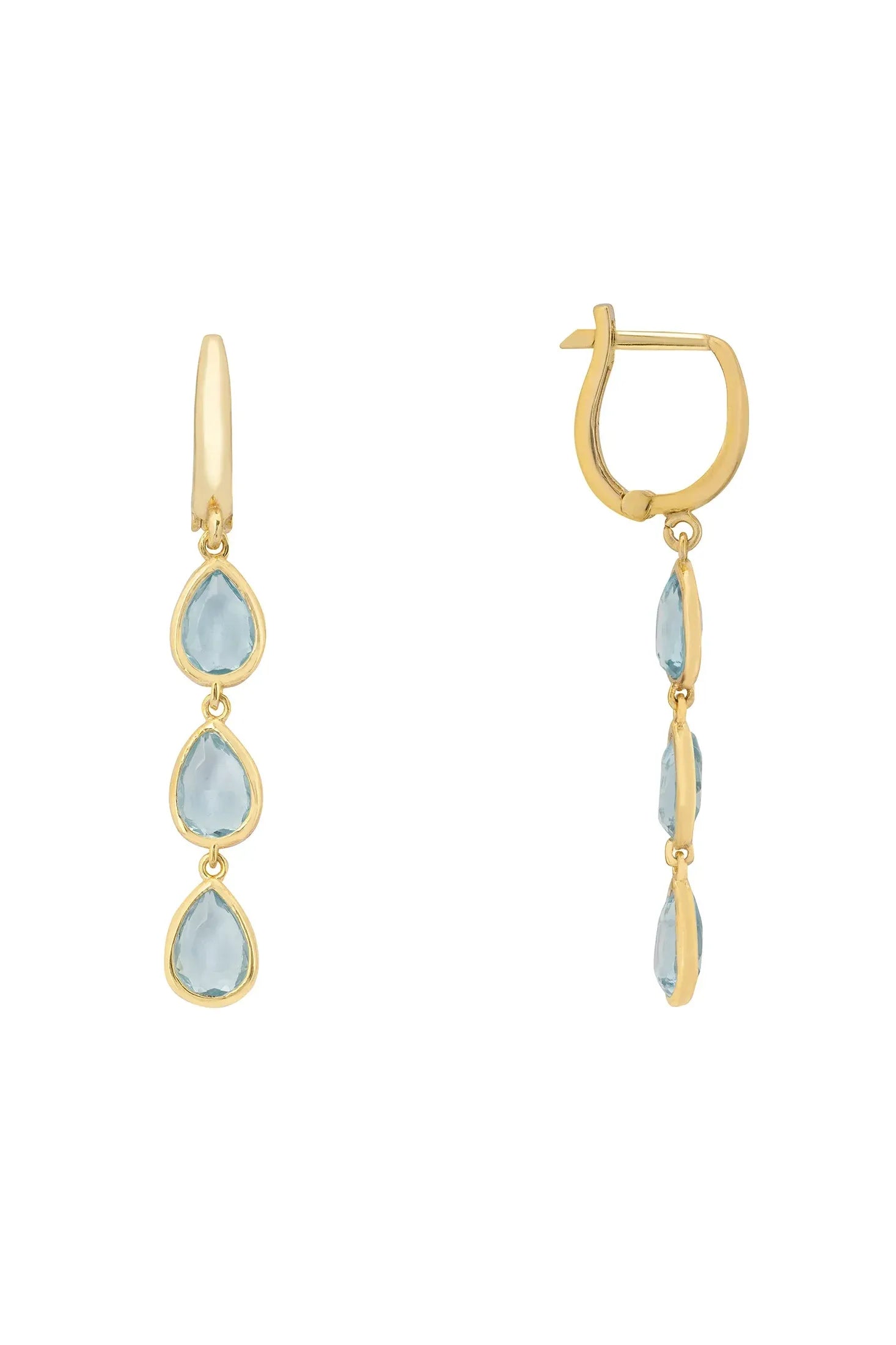 Angled view of Sardinia Triple Teardrop Earrings Gold Blue Topaz, showing blue topaz detailing, gold finish and the jewellery profile.