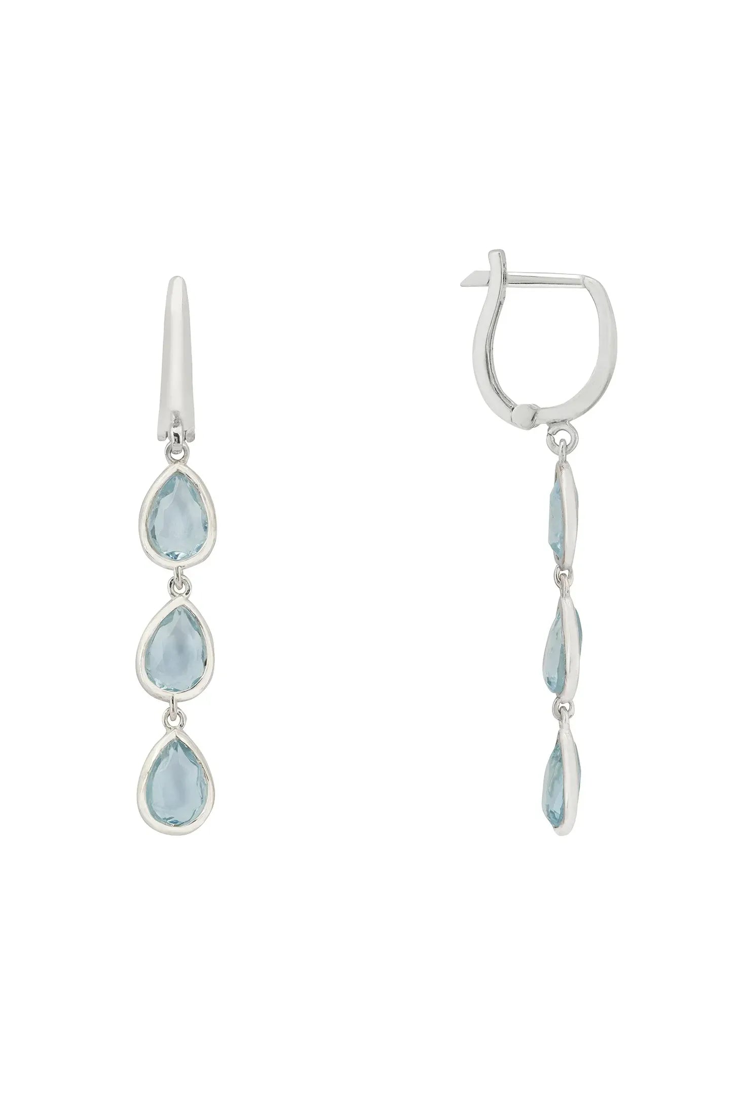 Angled view of Sardinia Triple Teardrop Earrings Silver Blue Topaz, showing blue topaz detailing, silver finish and the jewellery profile.