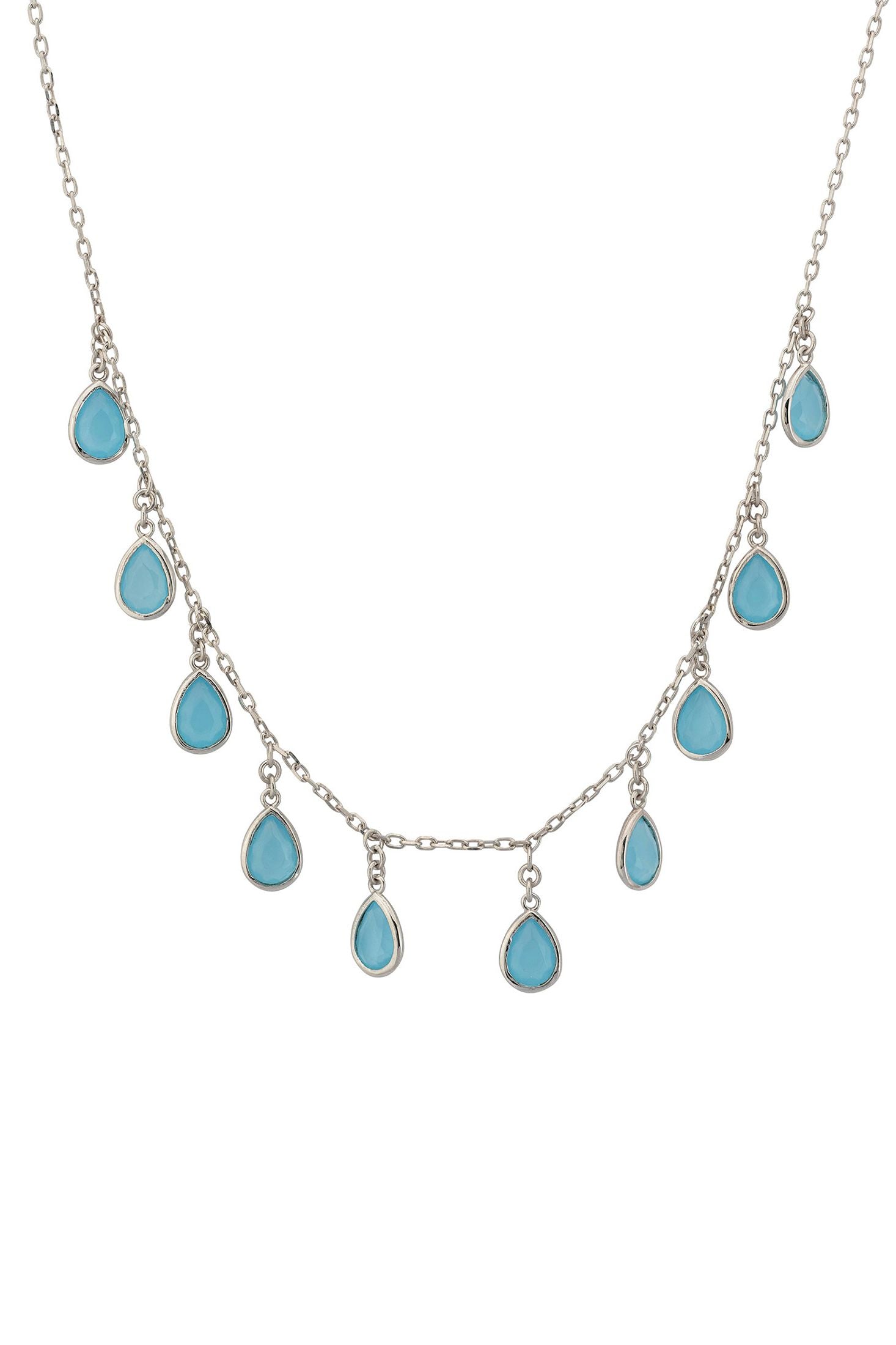 Front view of Florence Teardrop Gemstone Necklace Silver Blue Chalcedony, showing cat design, chalcedony detailing, silver finish.