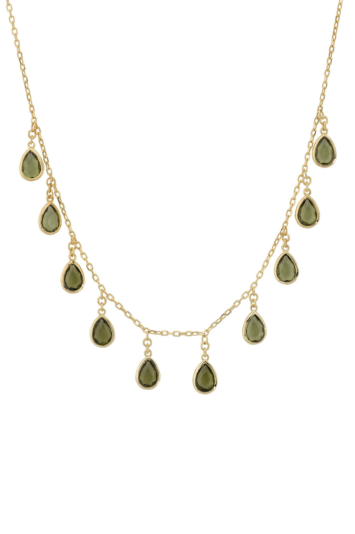 Front view of Florence Teardrop Gemstone Necklace Gold Peridot, showing leaf design, peridot detailing, gold finish.