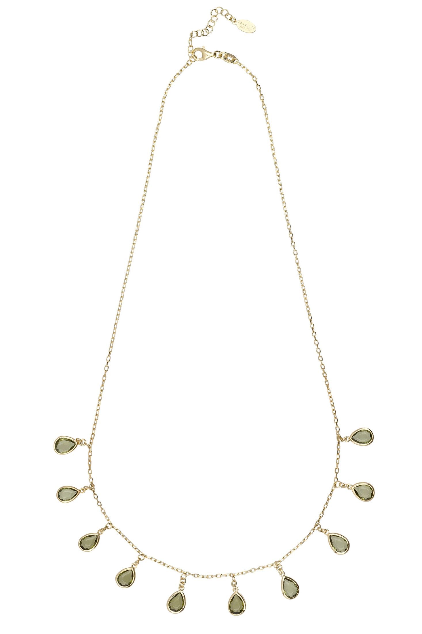 Angled view of Florence Teardrop Gemstone Necklace Gold Peridot, showing peridot detailing, gold finish and the jewellery profile.