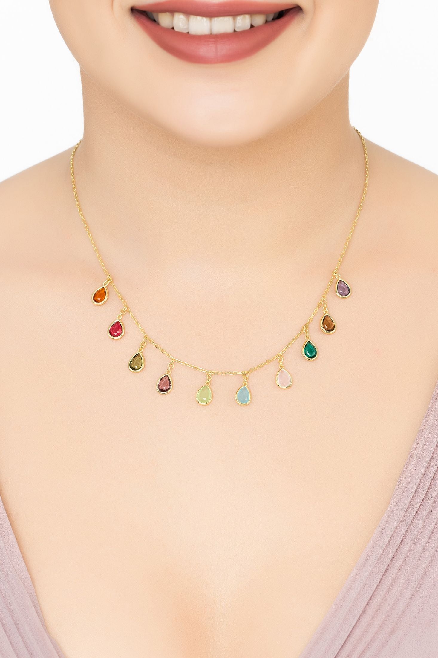 Florence Teardrop Gemstone Necklace Gold Multi Coloured