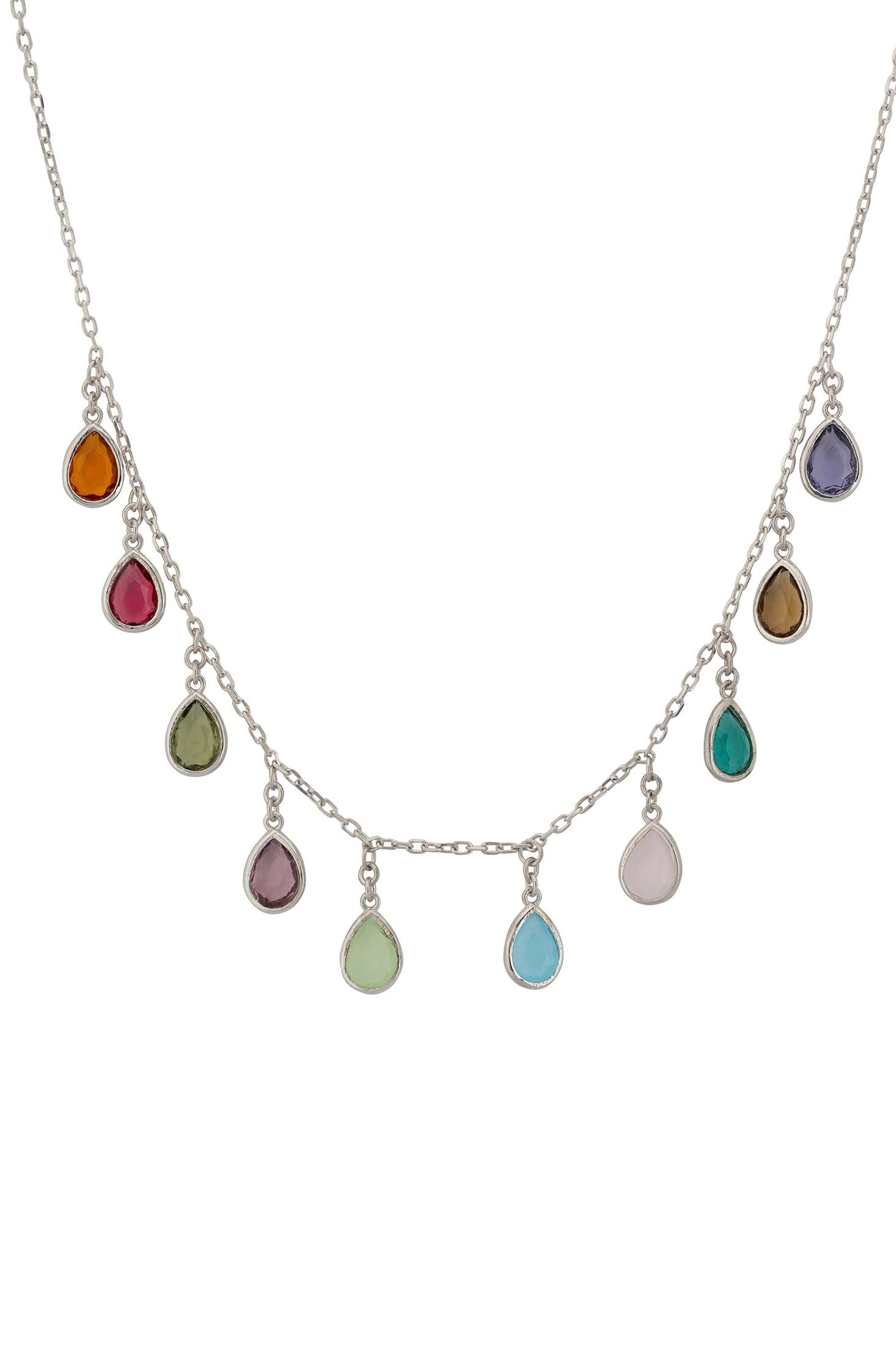 Front view of Florence Teardrop Gemstone Necklace Silver Multi Coloured, showing heart design, rose quartz and blue topaz detailing, gold finish.
