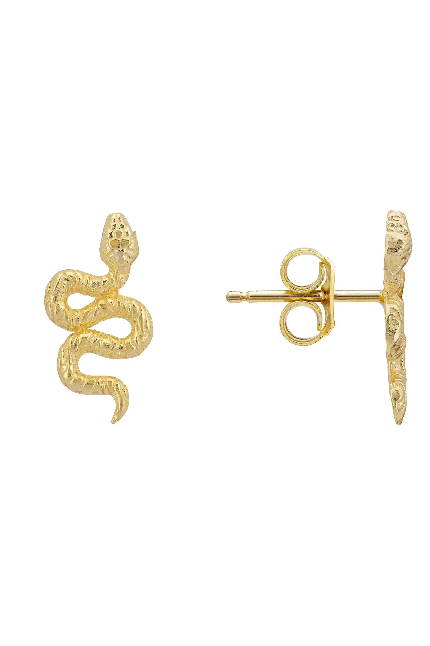 Angled view of Coiled Cobra Snake Stud Earrings Gold, showing snake design, gold finish and the jewellery profile.