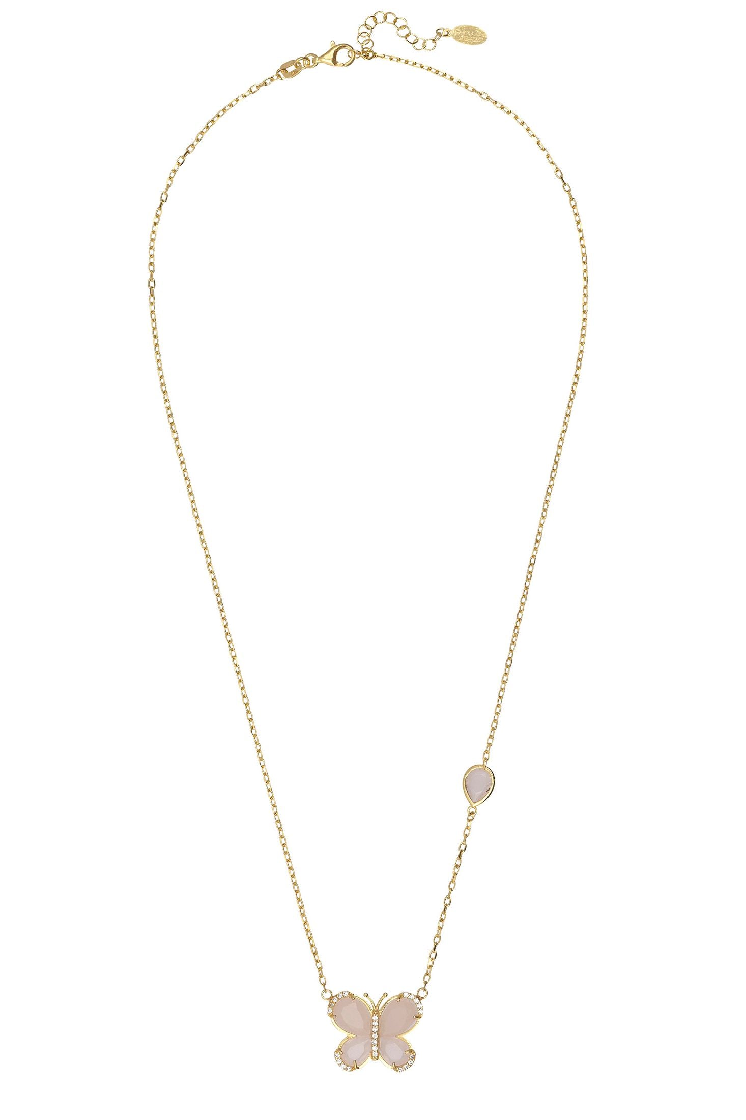Angled view of Pink Rose Butterfly Pendant Necklace Gold Rose Quartz, showing butterfly design, rose quartz detailing, gold finish and the jewellery profile.