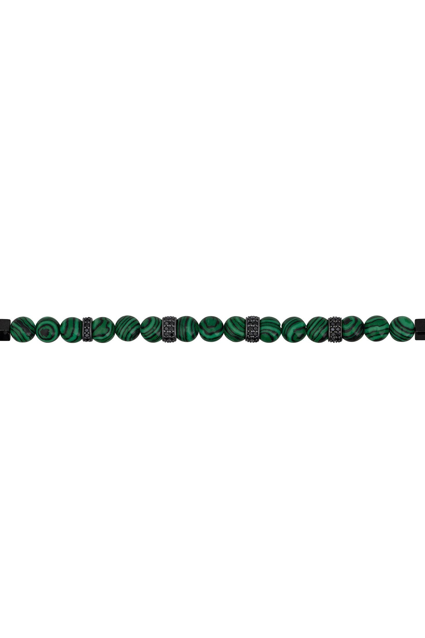 Angled view of Beaded Bracelet Mens Malachite Silver Oxidised, showing malachite detailing, silver finish and the jewellery profile.