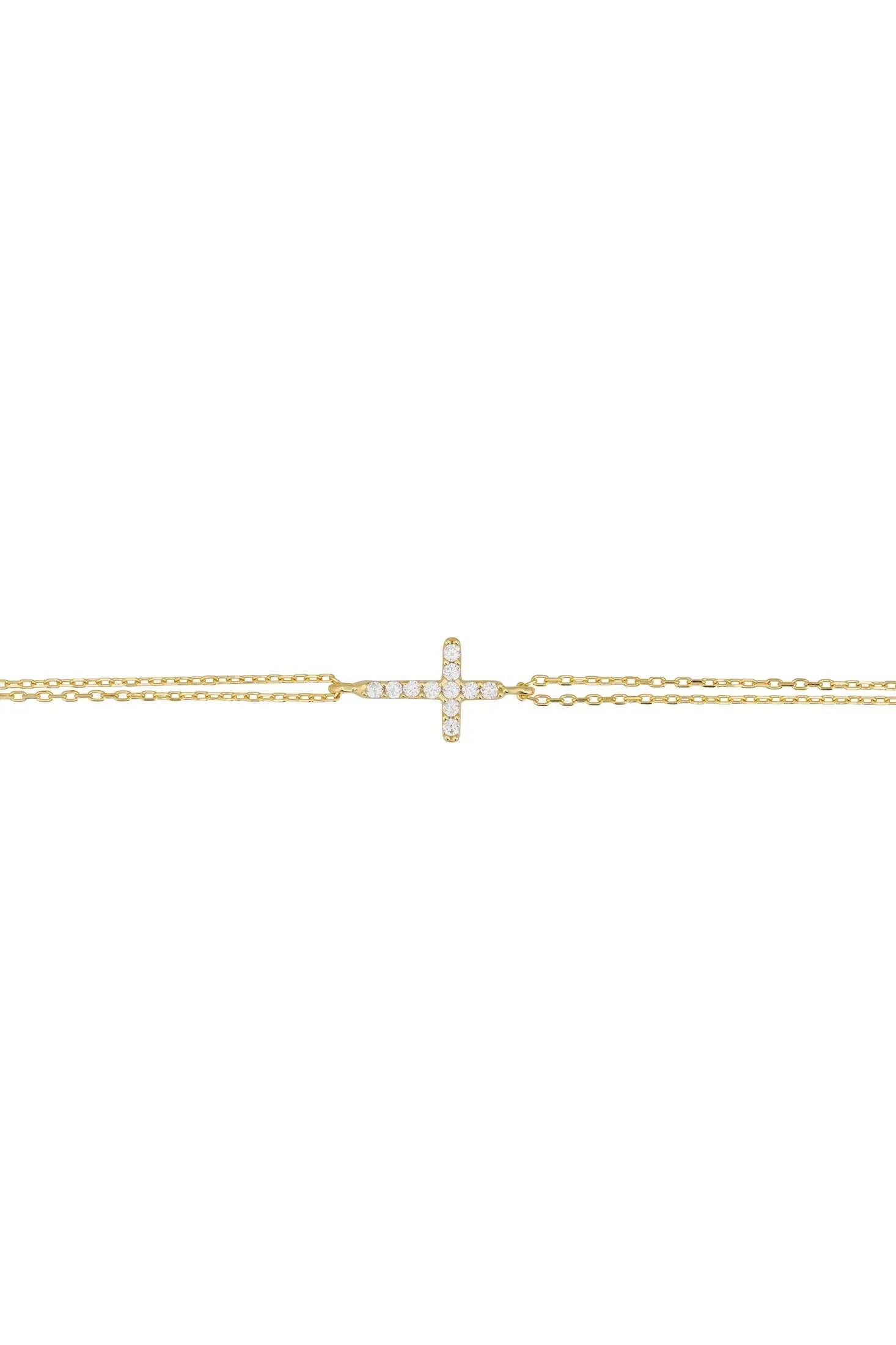 Angled view of Divina Fashion Bracelet Gold (Cross), showing cross design, gold finish and the jewellery profile.