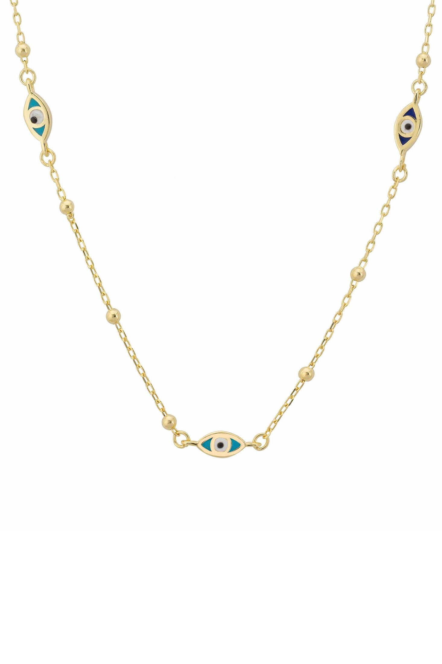 Front view of Evil Eye Elliptical Beaded Chain Necklace Gold, showing evil eye design, turquoise and sapphire detailing, gold finish.