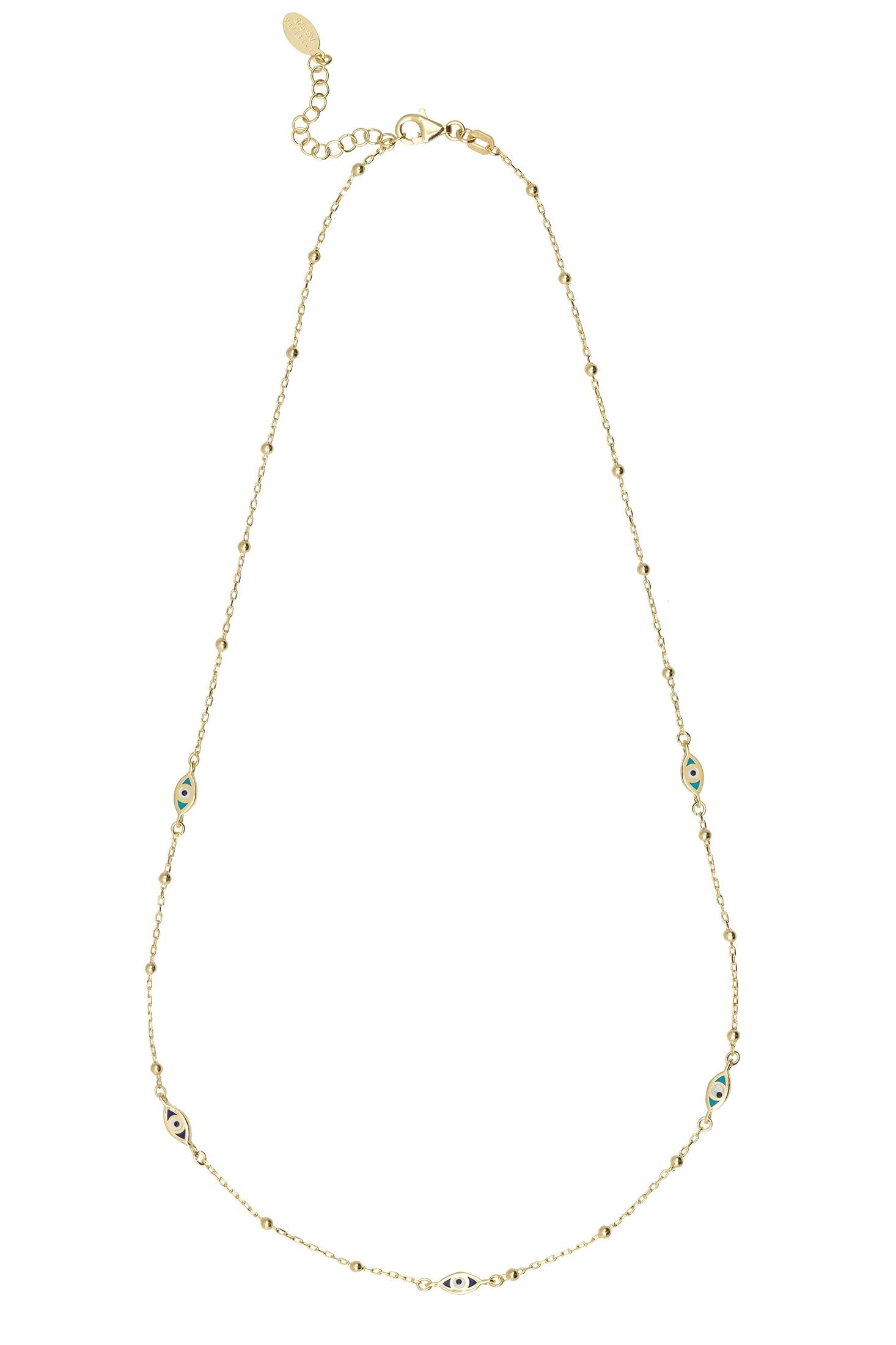Angled view of Evil Eye Elliptical Beaded Chain Necklace Gold, showing evil eye design, gold finish and the jewellery profile.