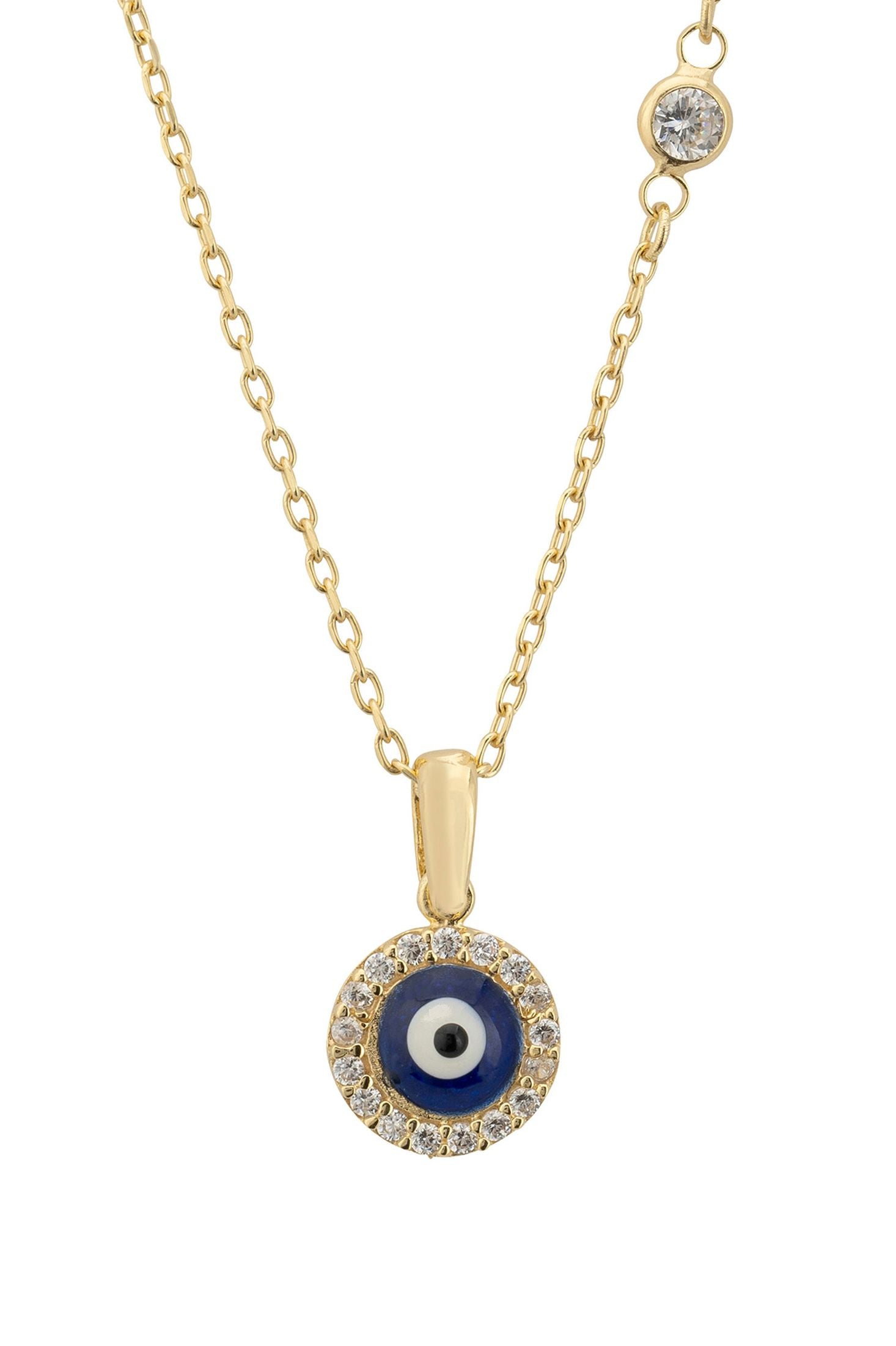 Front view of Evil Eye Dark Blue Enamel Pendant Necklace Gold, showing evil eye design, cubic zirconia and zirconia detailing, gold finish.