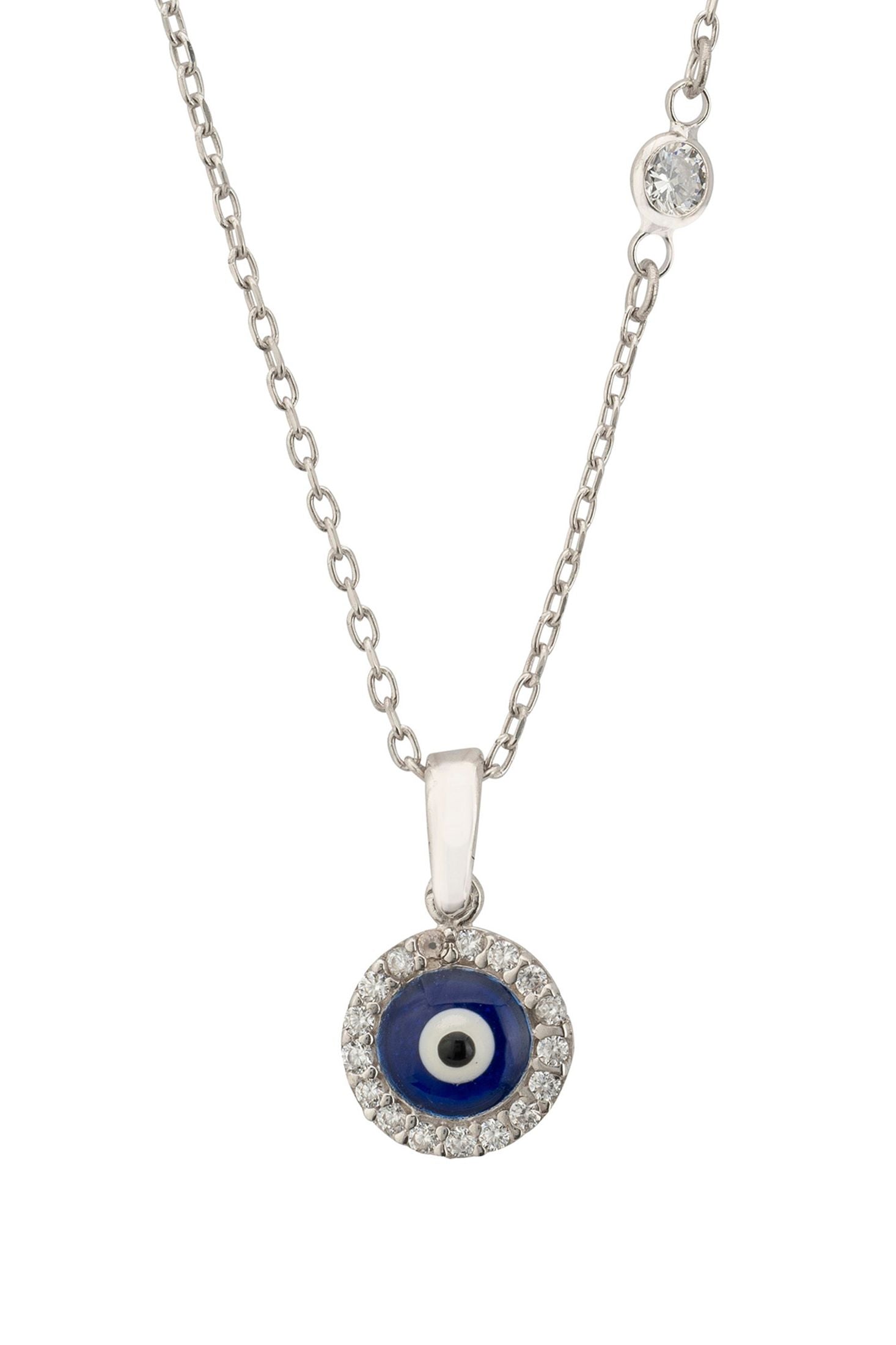 Front view of Evil Eye Dark Blue Enamel Pendant Necklace Silver, showing evil eye design, cubic zirconia and zirconia detailing, silver finish.