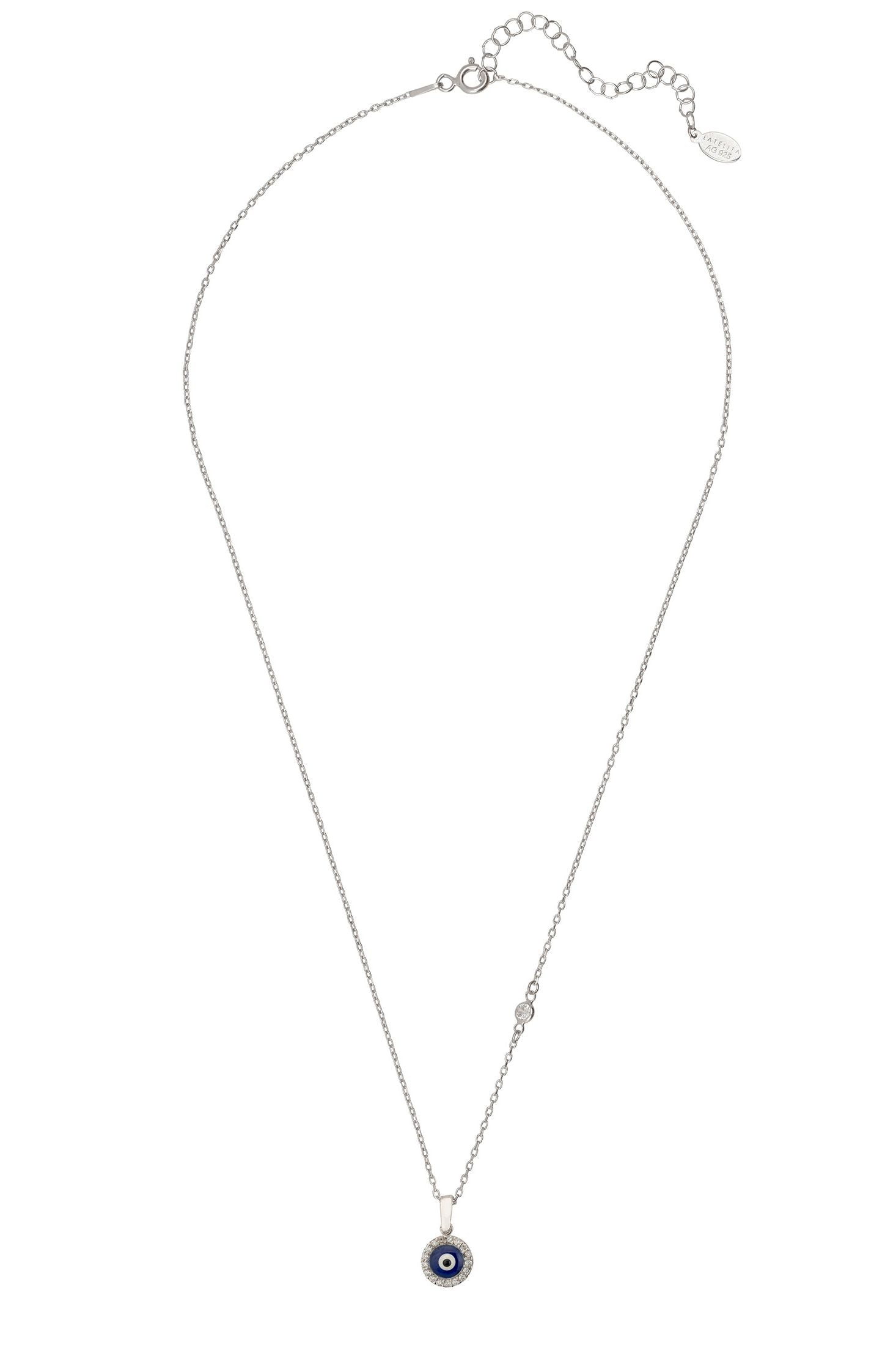 Angled view of Evil Eye Dark Blue Enamel Pendant Necklace Silver, showing evil eye design, silver finish and the jewellery profile.