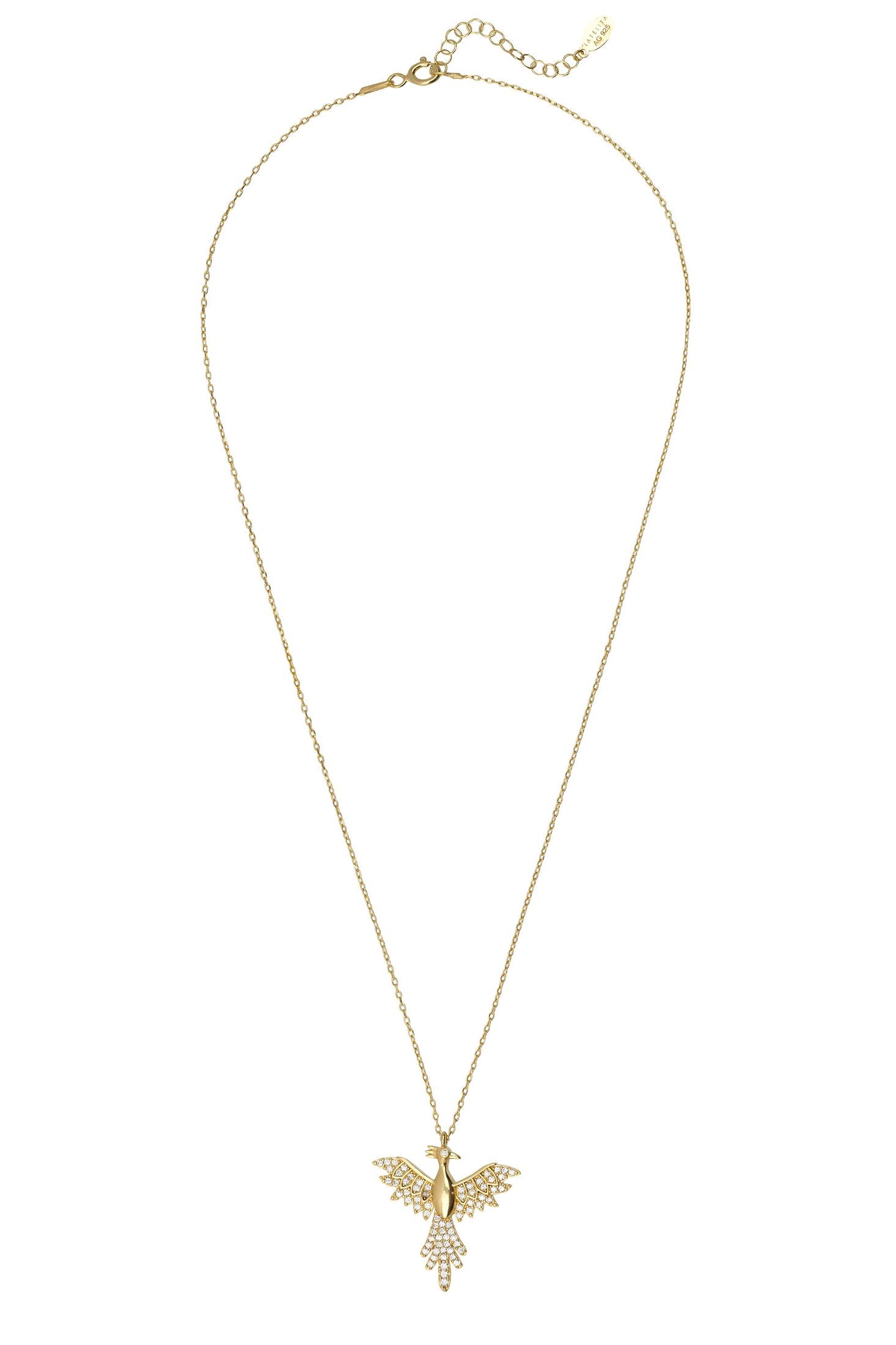 Angled view of Rising Phoenix Bird Pendant Necklace Gold, showing bird design, gold finish and the jewellery profile.