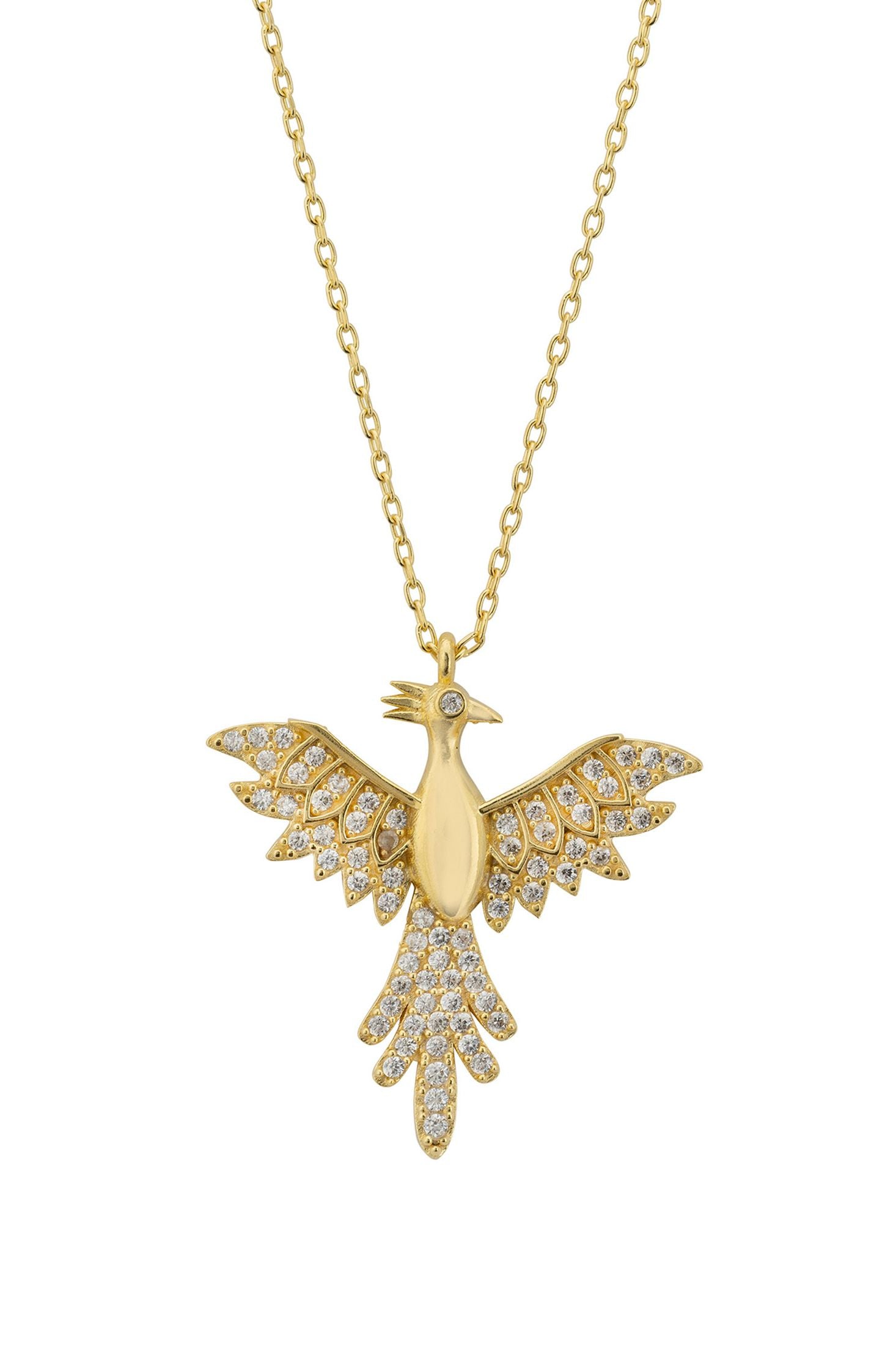 Front view of Rising Phoenix Bird Pendant Necklace Gold, showing cat design, cubic zirconia and zirconia detailing, gold finish.