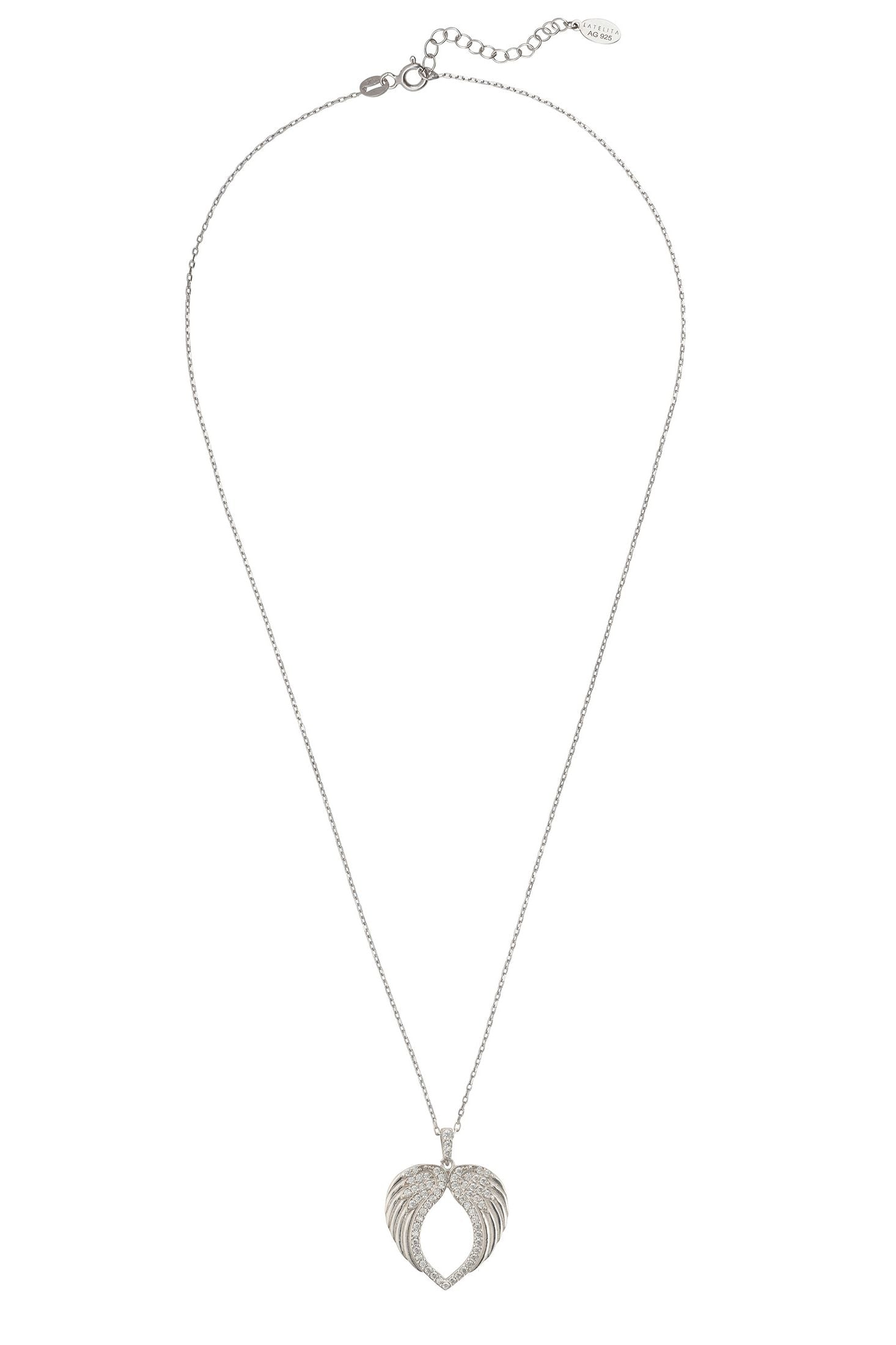 Collar con colgante de ala de ángel y corazón protector en plata