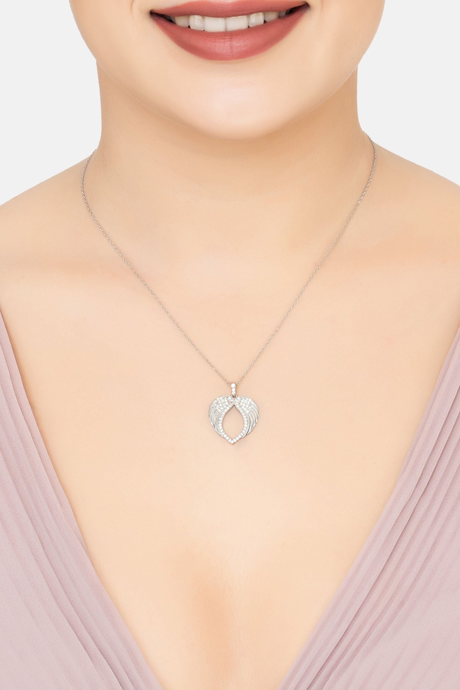 The necklace worn by a model.