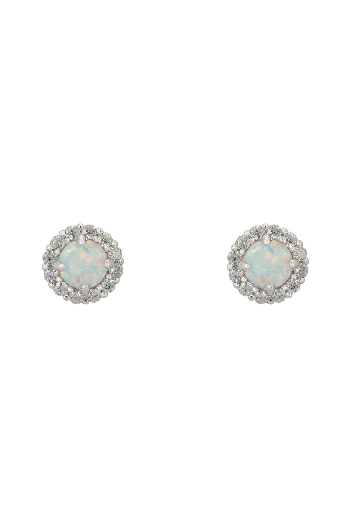 Front view of Crown Opal Stud Earrings Silver, showing cat design, cubic zirconia and zirconia detailing, silver finish.