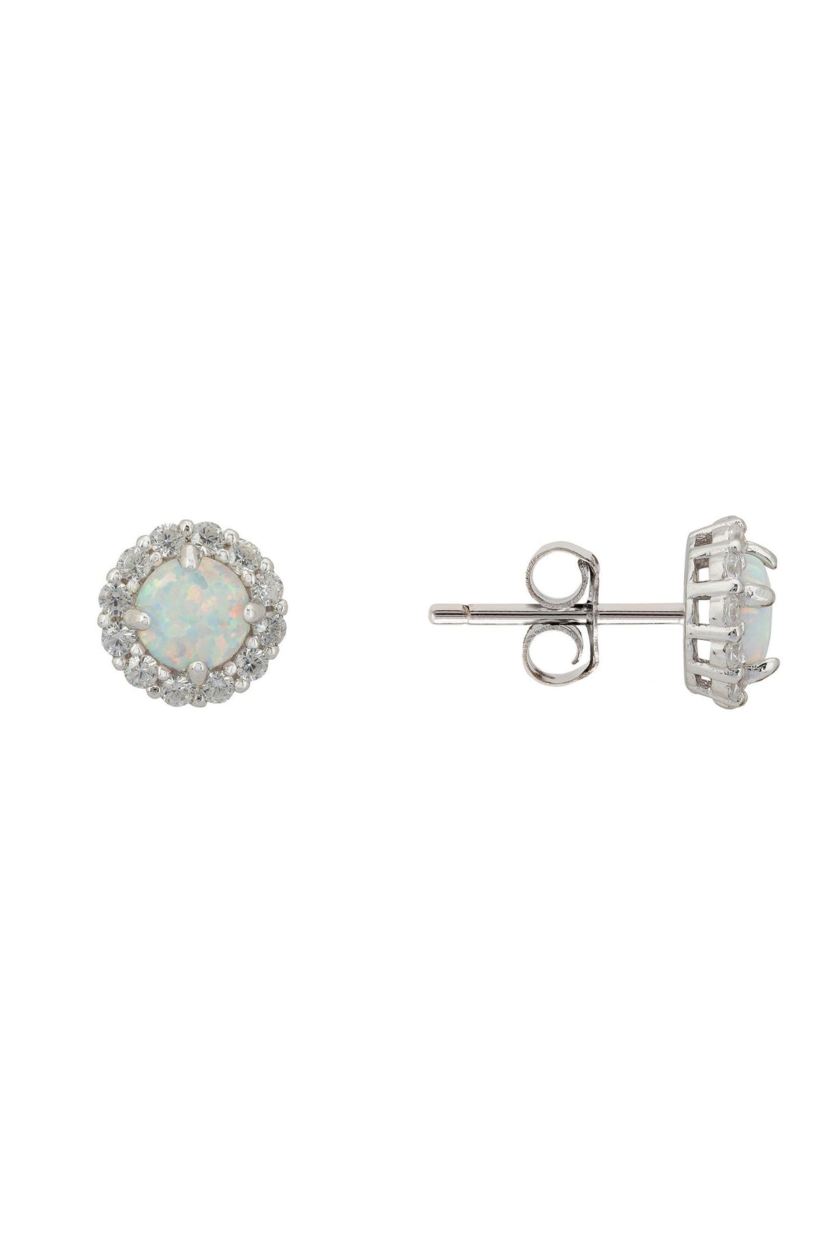 Angled view of Crown Opal Stud Earrings Silver, showing silver finish and the jewellery profile.