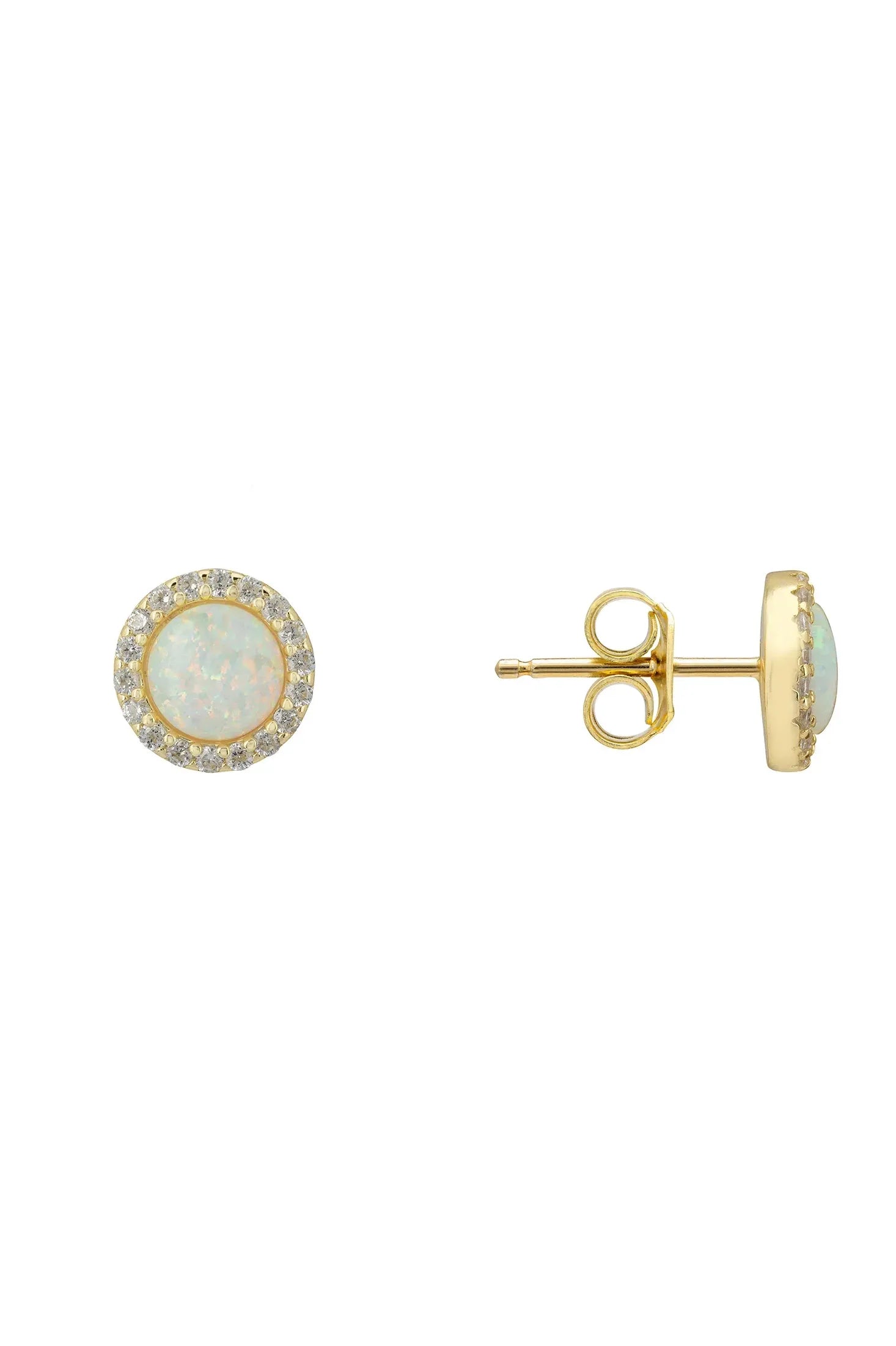 Angled view of Small Sparkling Halo Opal Stud Earrings Gold, showing gold finish and the jewellery profile.