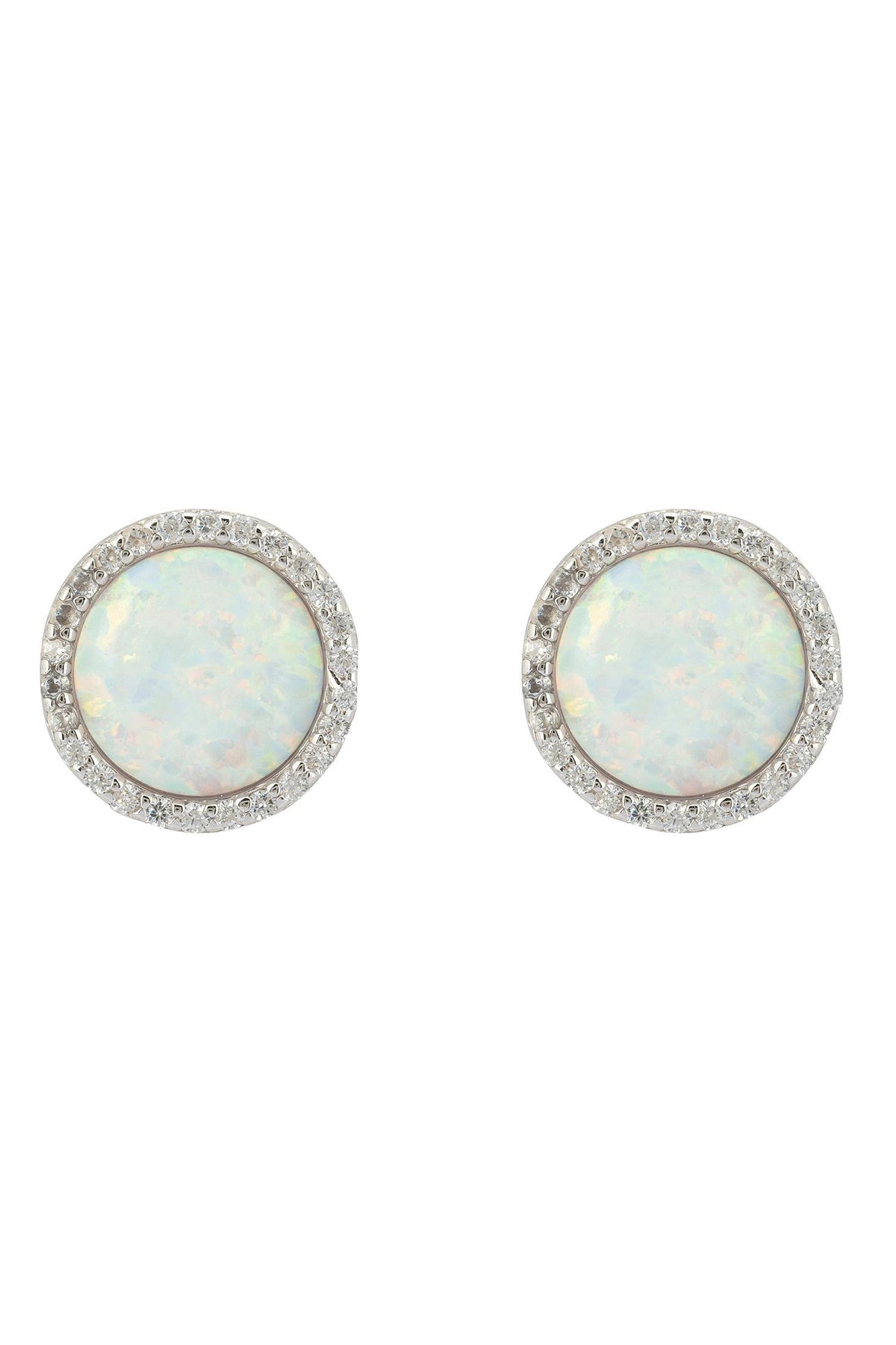 Front view of Large Sparkling Halo Opal Stud Earrings Silver, showing cubic zirconia and zirconia detailing, silver finish.