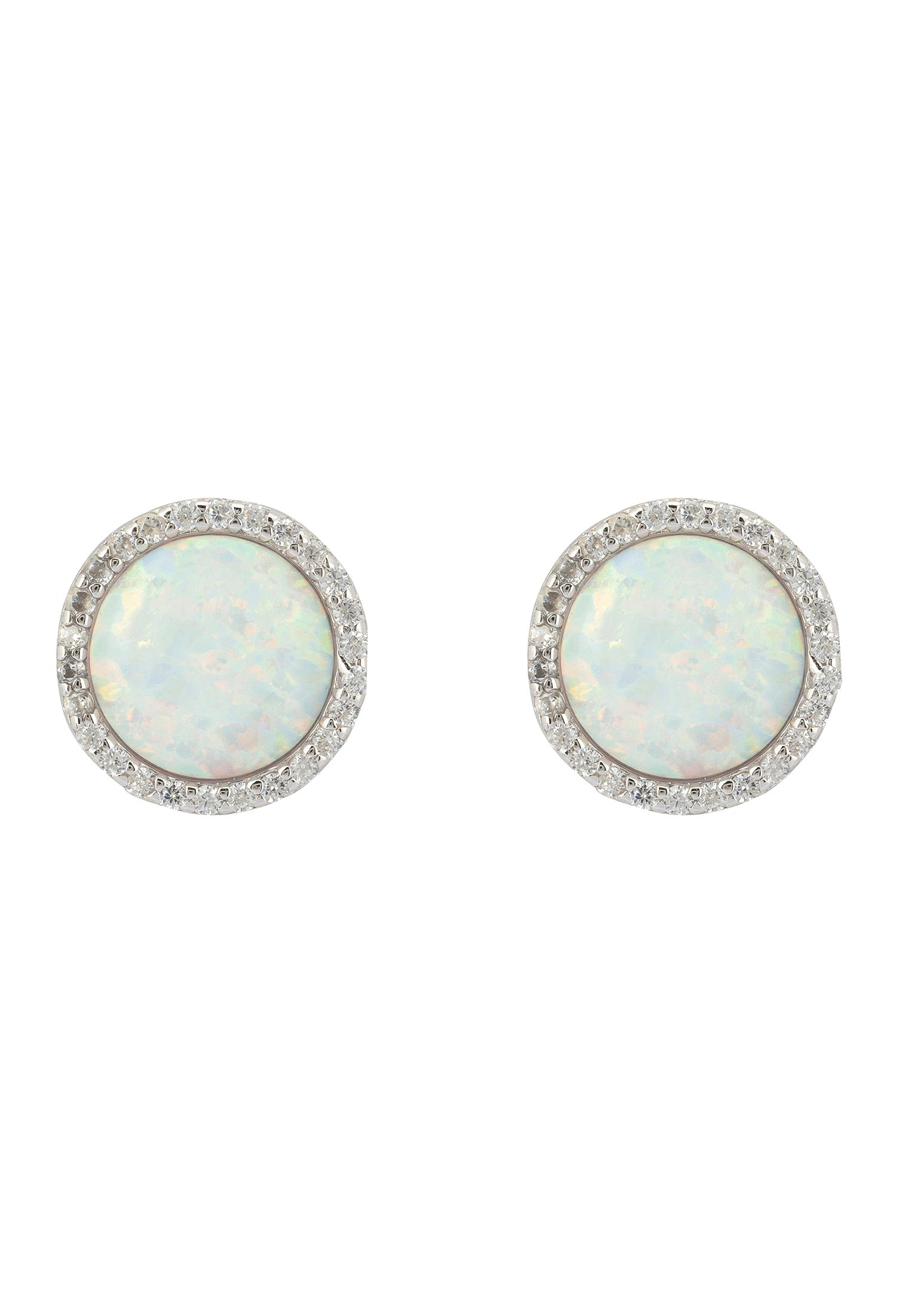 Large Sparkling Halo Opal Stud Earrings Silver