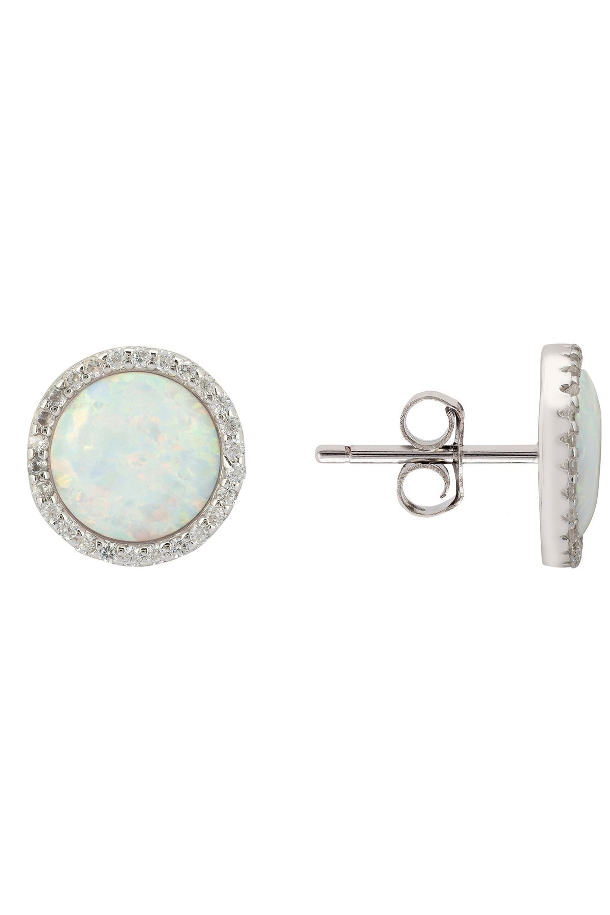 Angled view of Large Sparkling Halo Opal Stud Earrings Silver, showing silver finish and the jewellery profile.