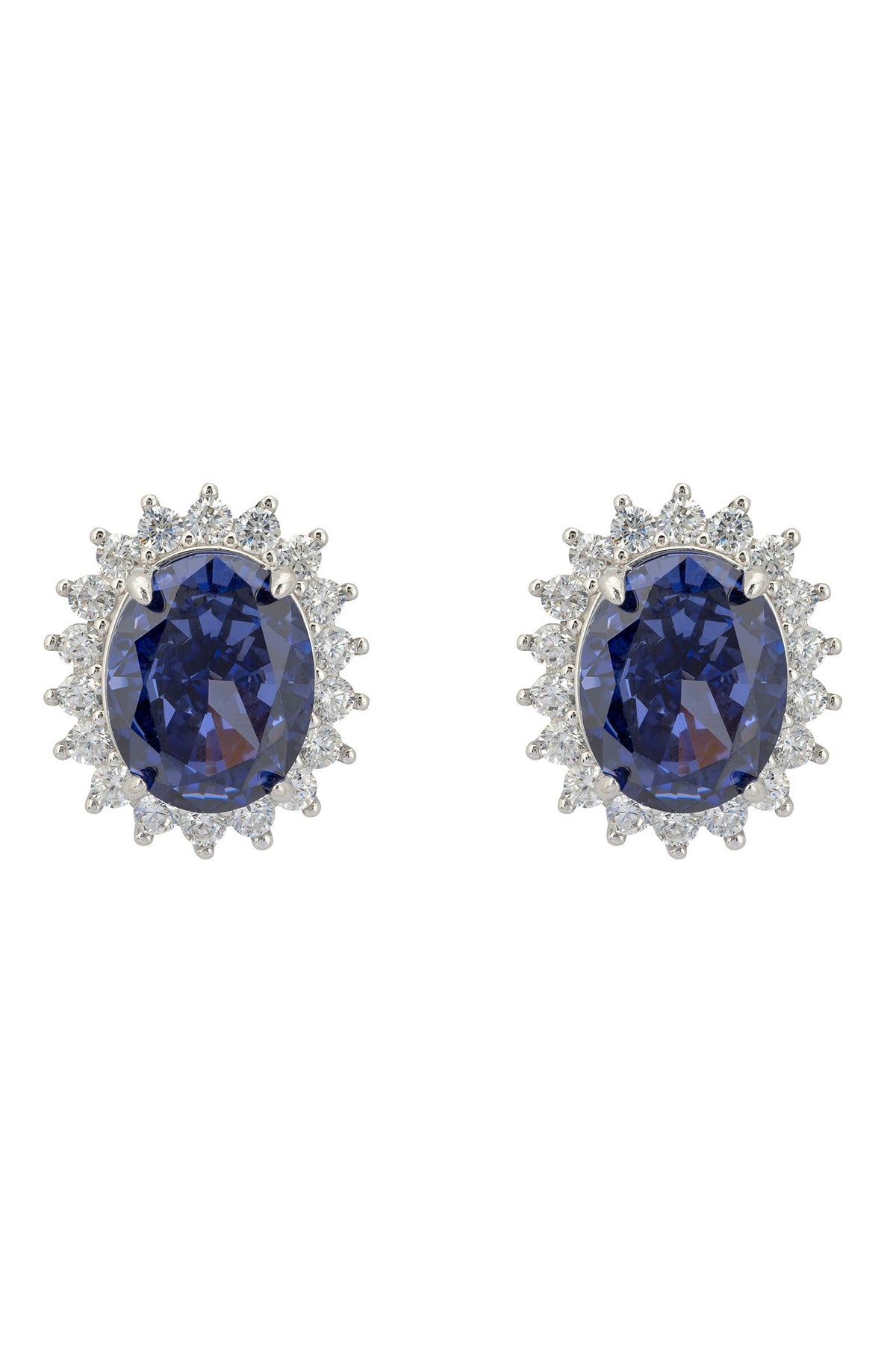 Front view of Tatiana Oval Tanzanite Stud Earrings Silver, showing cat design, cubic zirconia and zirconia detailing, silver finish.