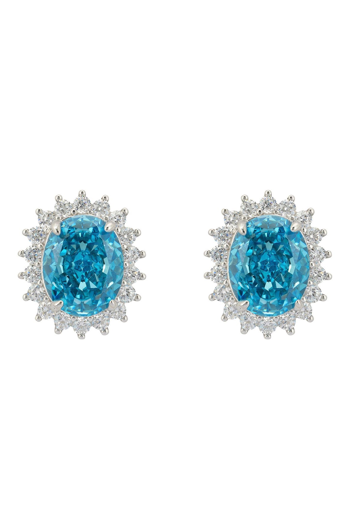 Front view of Tatiana Oval Blue Topaz Stud Earrings Silver, showing cat design, cubic zirconia and zirconia detailing, silver finish.