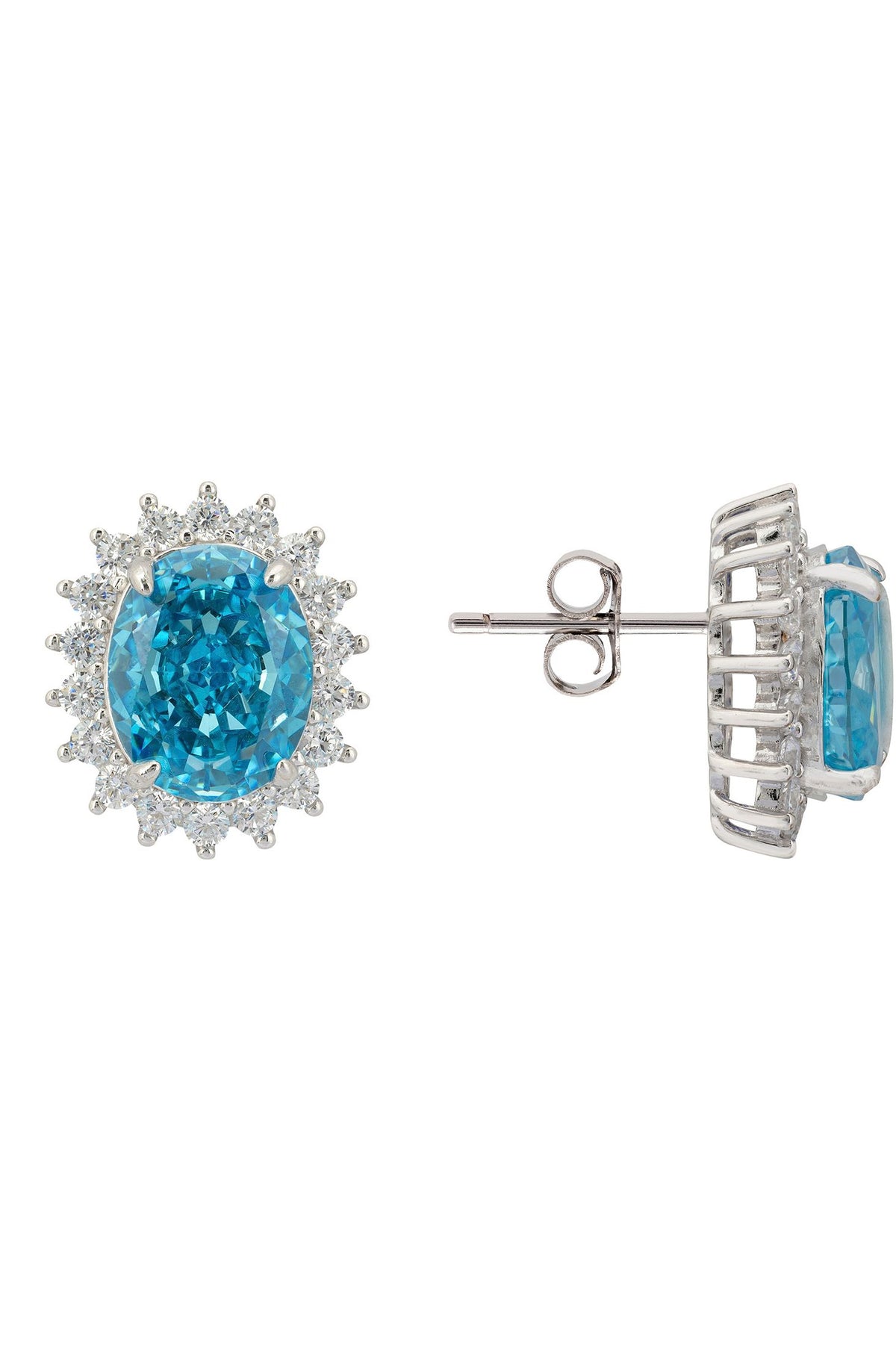 Angled view of Tatiana Oval Blue Topaz Stud Earrings Silver, showing blue topaz detailing, silver finish and the jewellery profile.