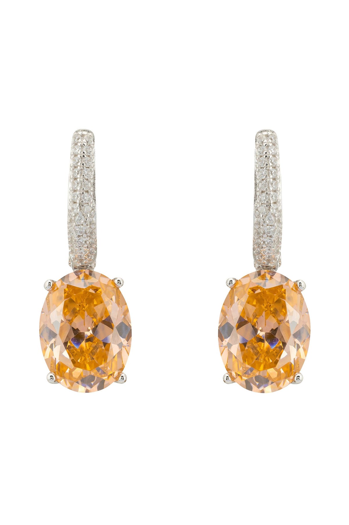 Front view of Alexandra Oval Drop Earrings Silver Peach Quartz, showing cat design, silver finish.