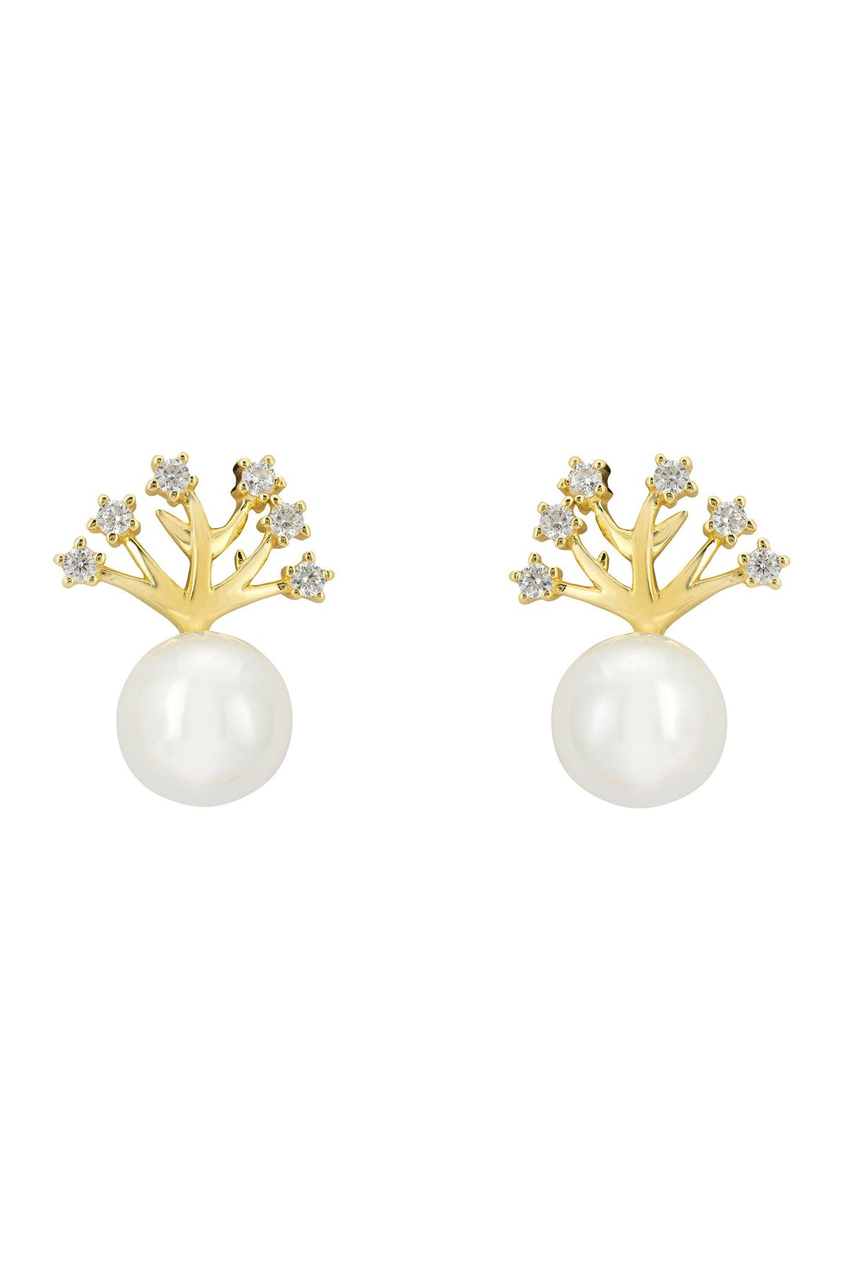 Front view of Willow And Pearl Earrings Gold, showing cat design, cubic zirconia and zirconia detailing, gold finish.