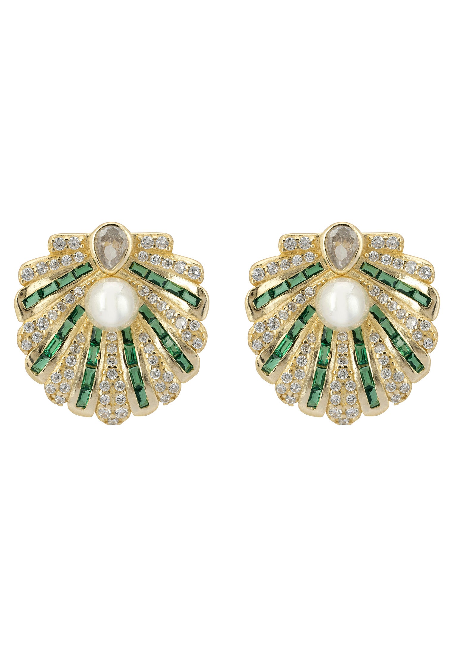Art Deco Scallop Shell Earrings Emerald Green With Pearl Gold