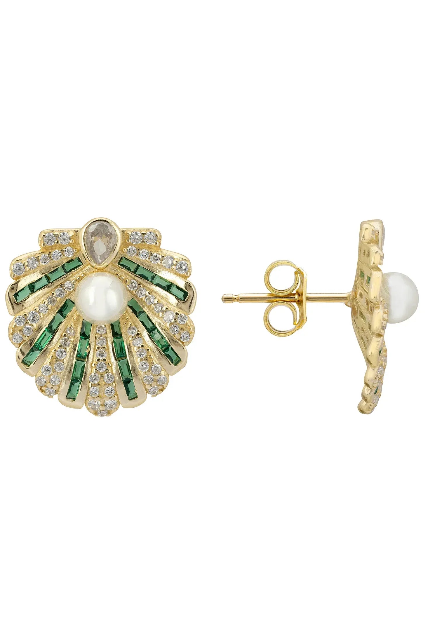 Angled view of Art Deco Scallop Shell Earrings Emerald Green With Pearl Gold, showing shell design, pearl and emerald detailing, gold finish and the jewellery profile.