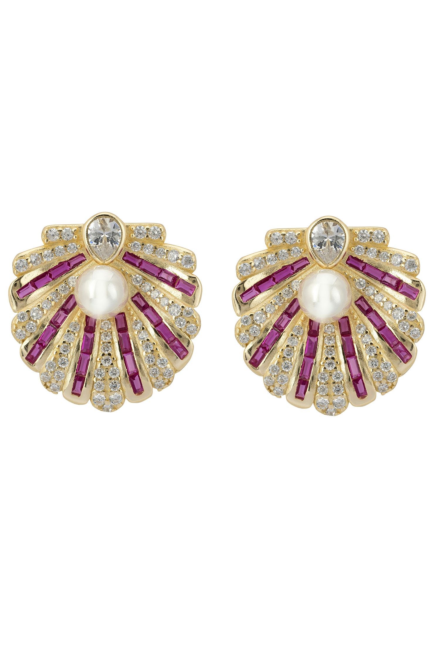 Front view of Art Deco Scallop Shell Earrings Ruby Red With Pearl Gold, showing heart design, cubic zirconia and zirconia detailing, gold finish.