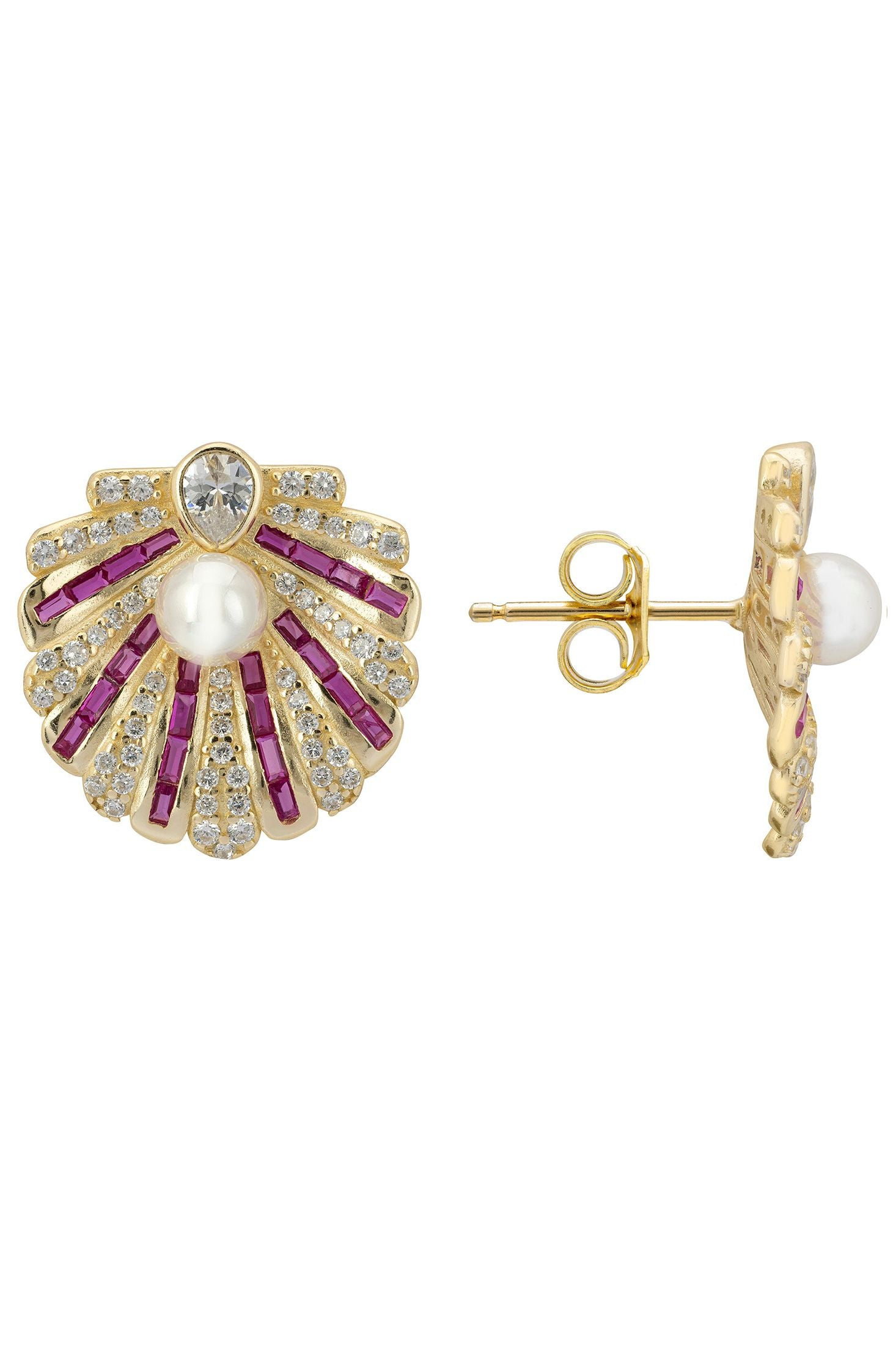 Angled view of Art Deco Scallop Shell Earrings Ruby Red With Pearl Gold, showing shell design, pearl and ruby detailing, gold finish and the jewellery profile.