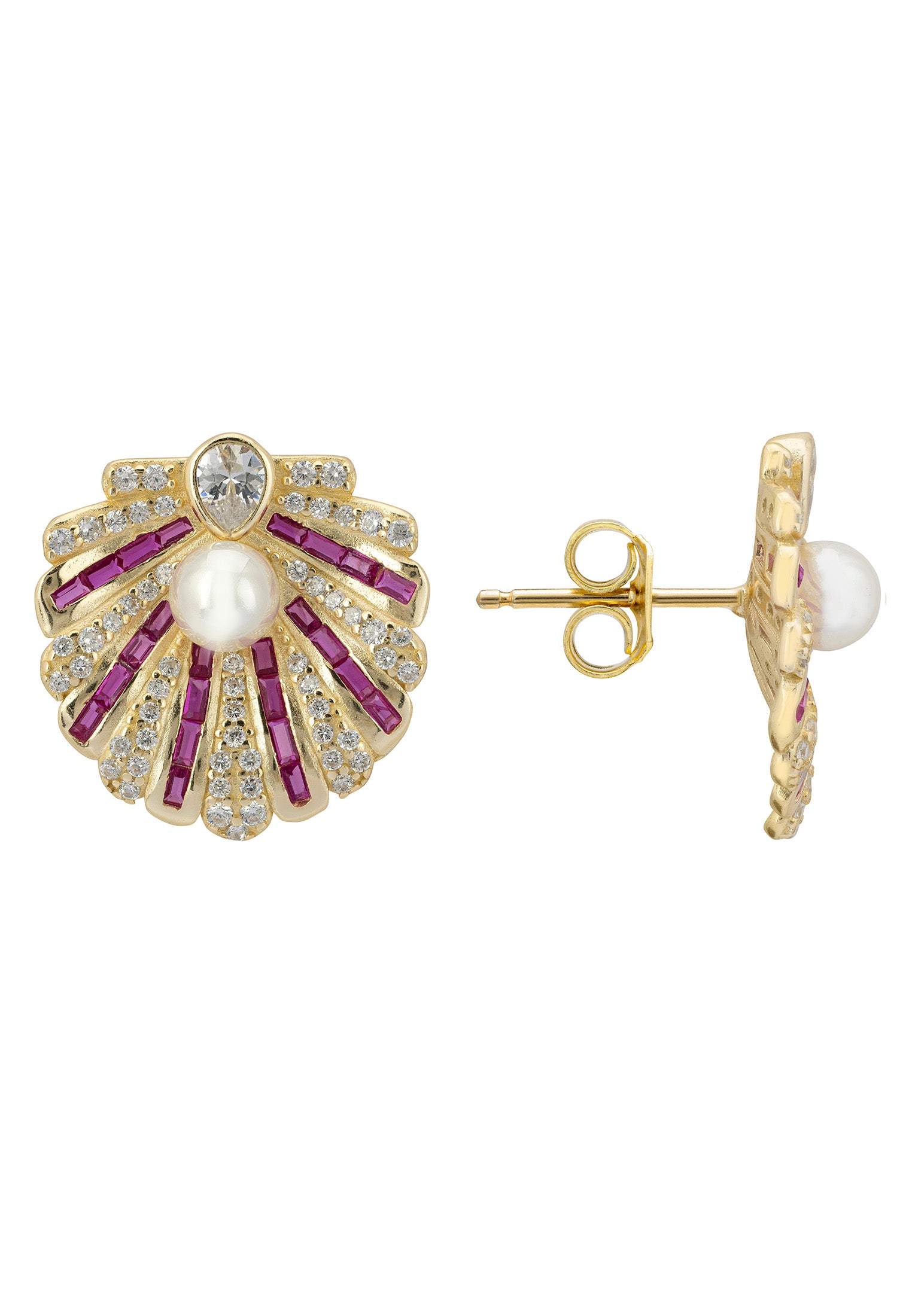 Art Deco Scallop Shell Earrings Ruby Red With Pearl Gold
