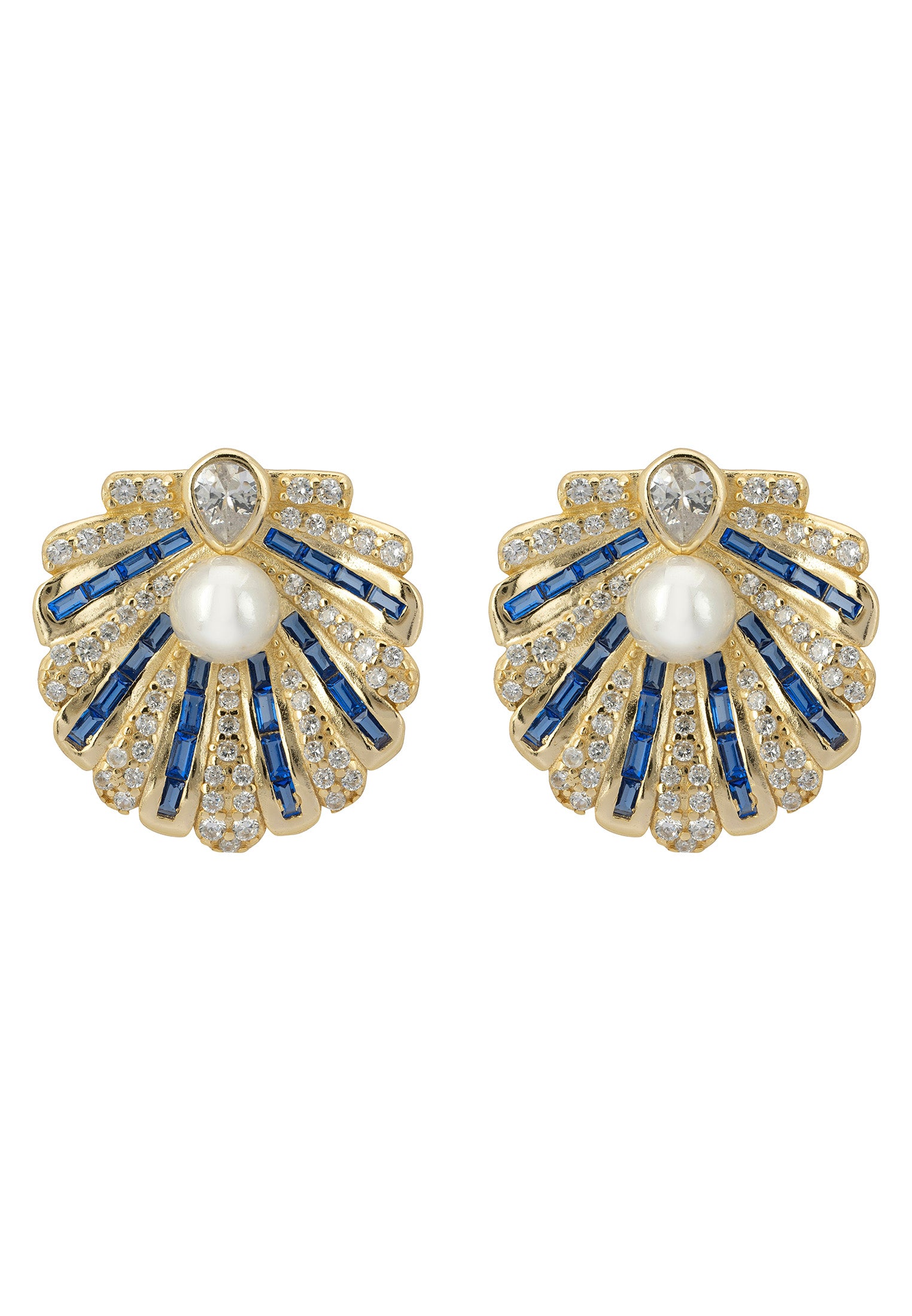 Art Deco Scallop Shell Earrings Sapphire Blue With Pearl Gold