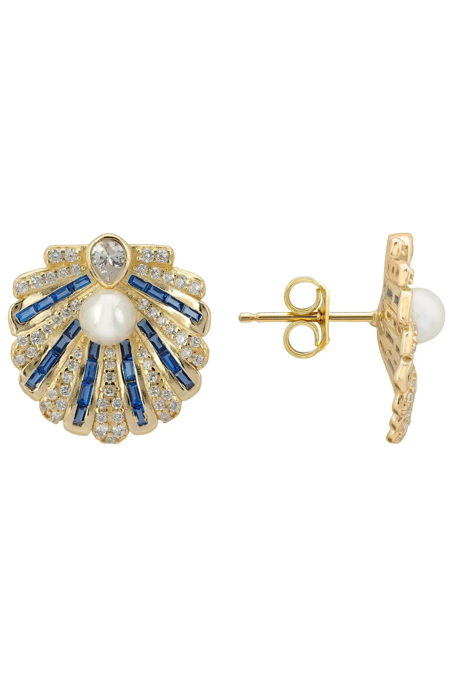 Angled view of Art Deco Scallop Shell Earrings Sapphire Blue With Pearl Gold, showing shell design, pearl and sapphire detailing, gold finish and the jewellery profile.