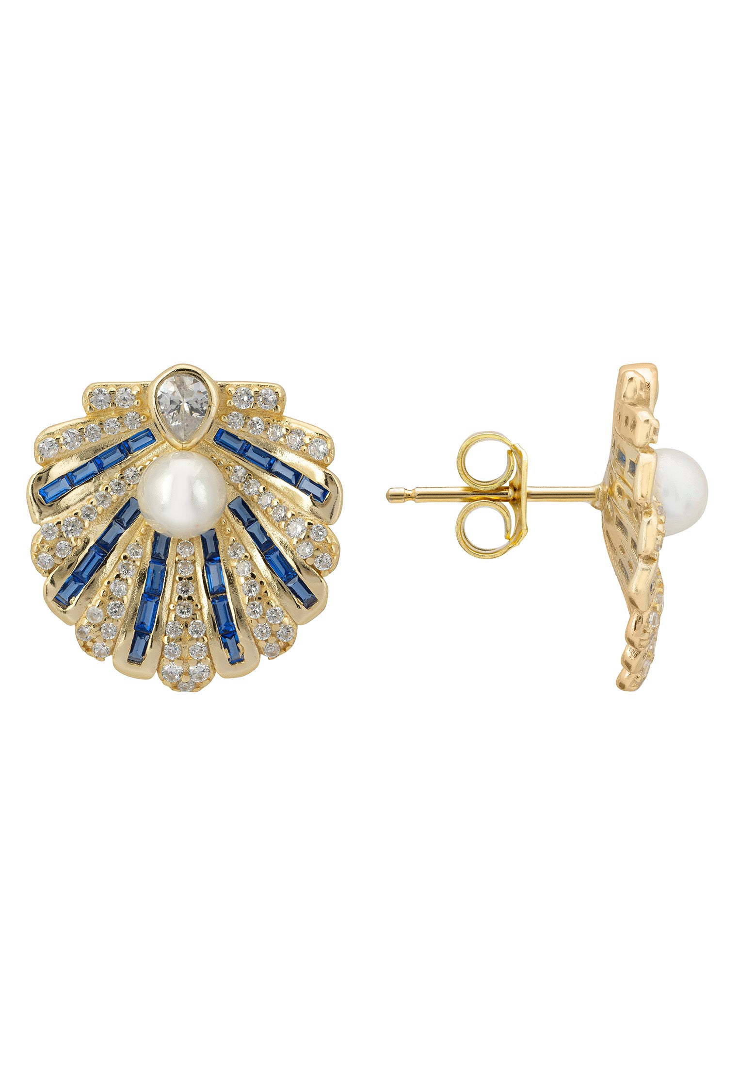 Art Deco Scallop Shell Earrings Sapphire Blue With Pearl Gold