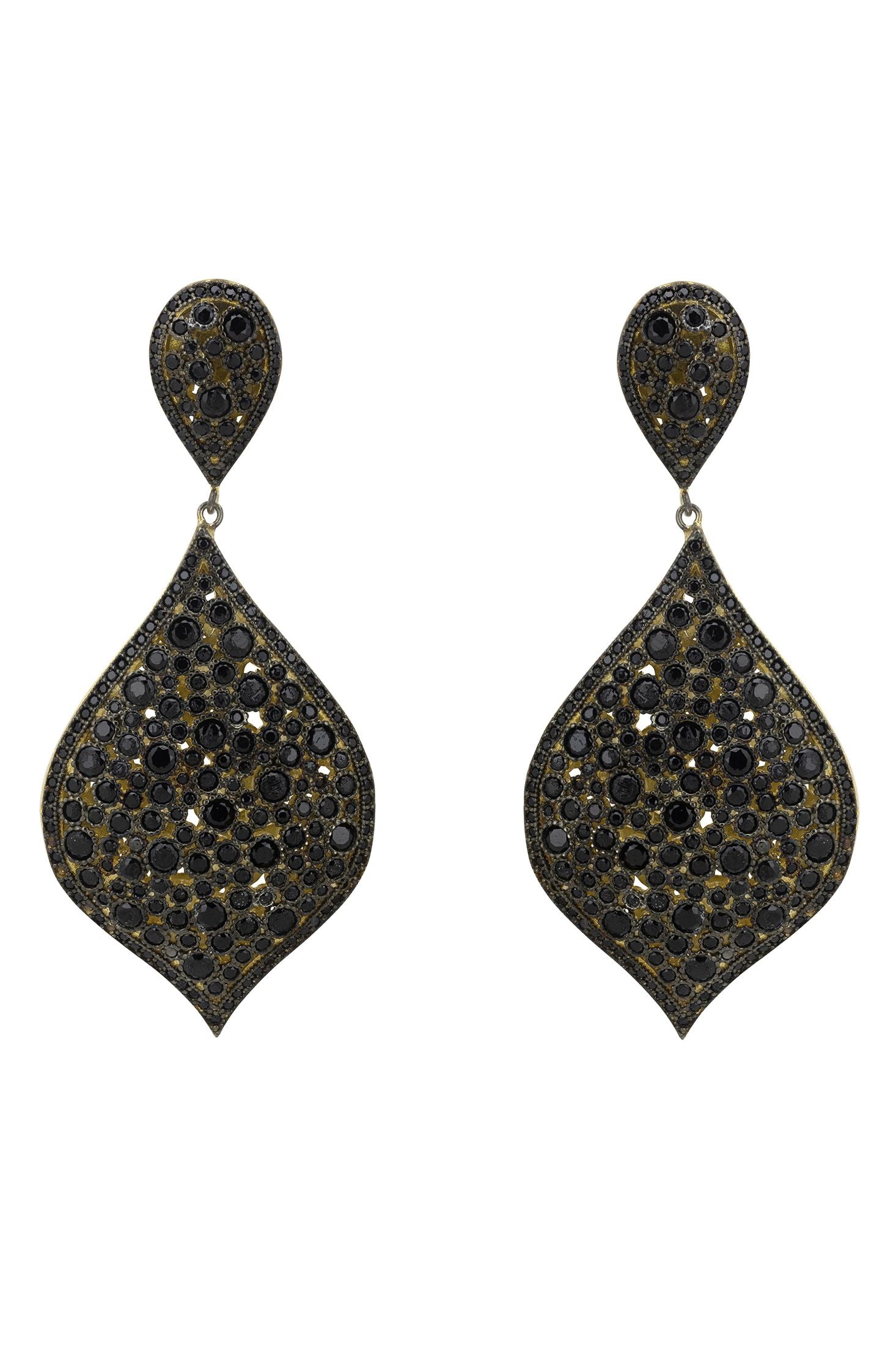 Front view of Arabian Nights Drop Earrings Black Gold, showing cat design, crystal detailing, gold finish.
