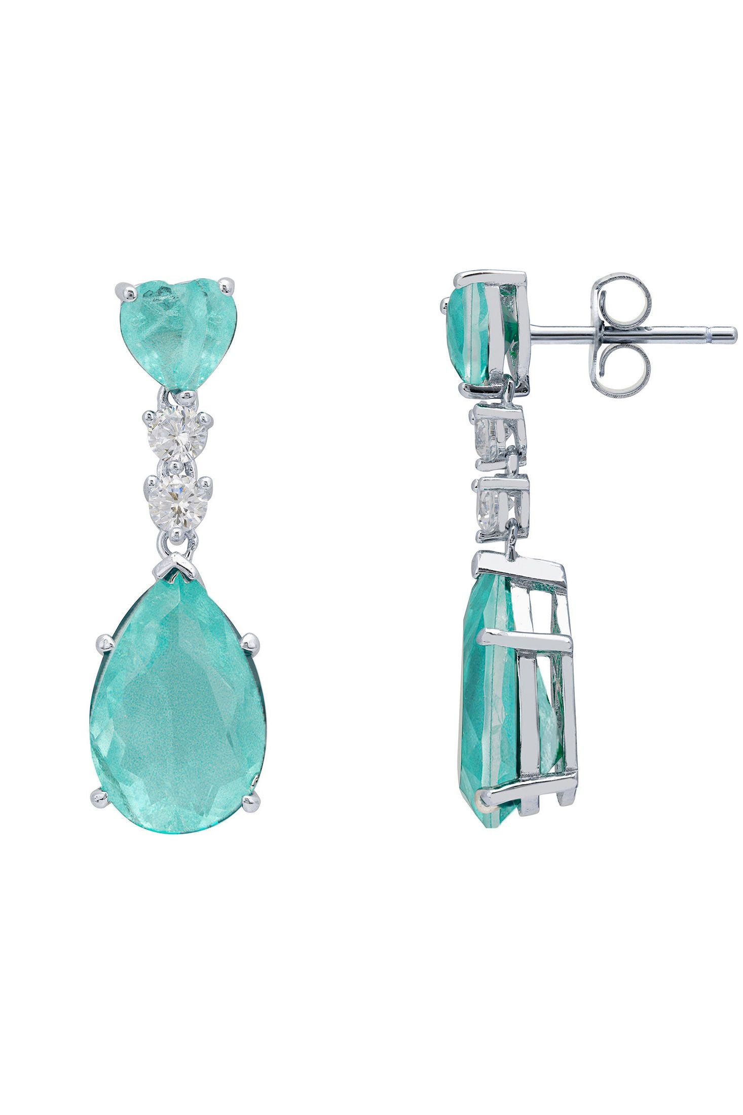 Angled view of Augusta Paraiba Tourmaline Teardrop Earrings Silver, showing silver finish and the jewellery profile.
