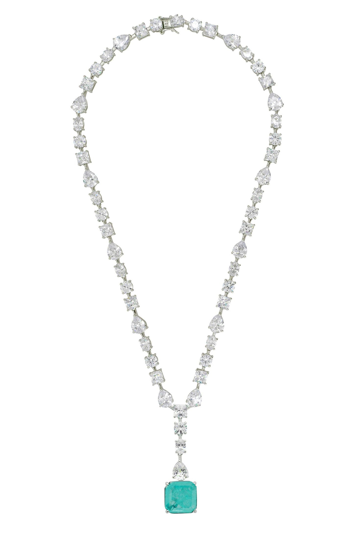 Angled view of Penelope Paraiba Tourmaline Statement Necklace Silver, showing silver finish and the jewellery profile.