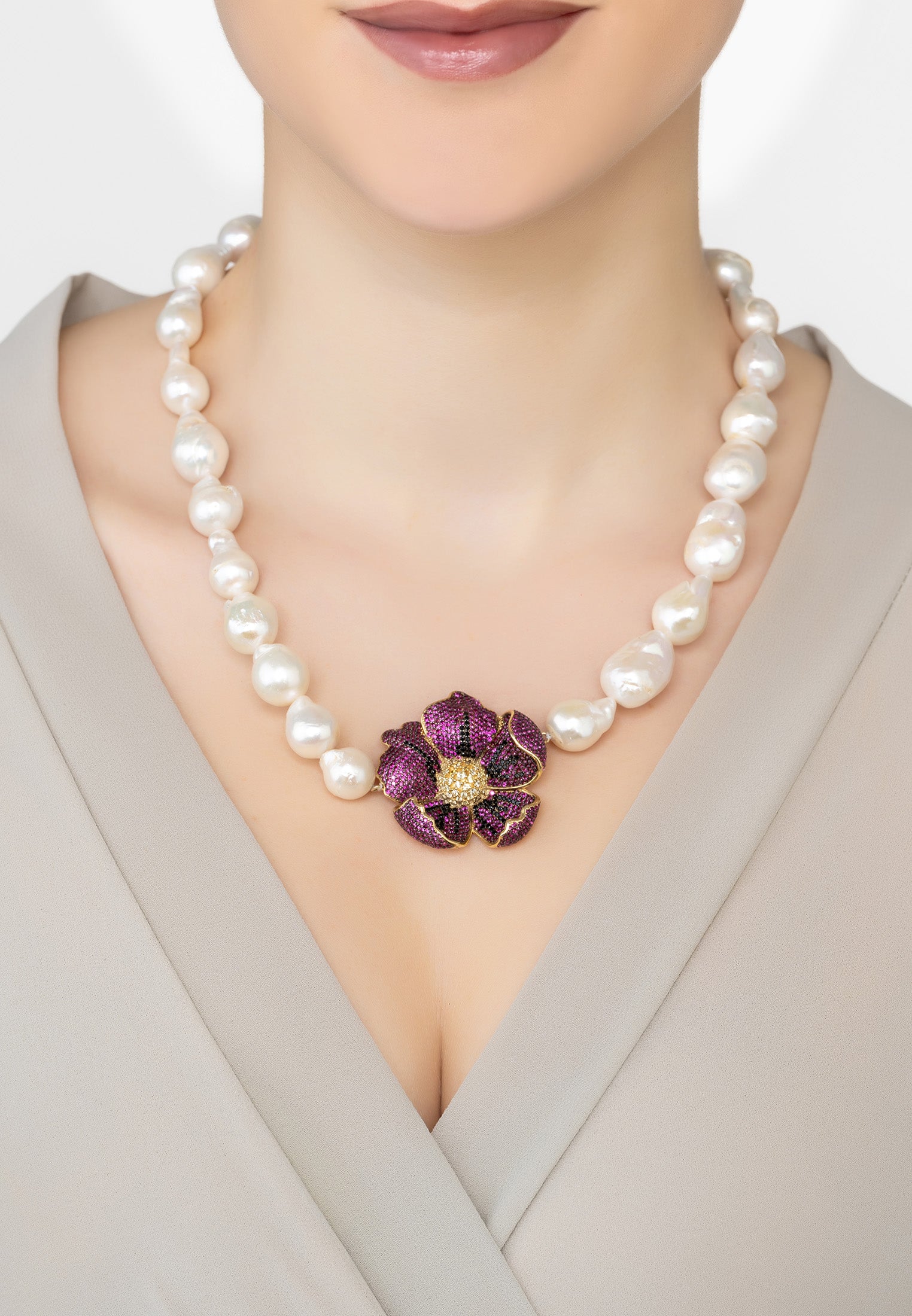 Poppy Flower Baroque Pearl Necklace Ruby Red Gold