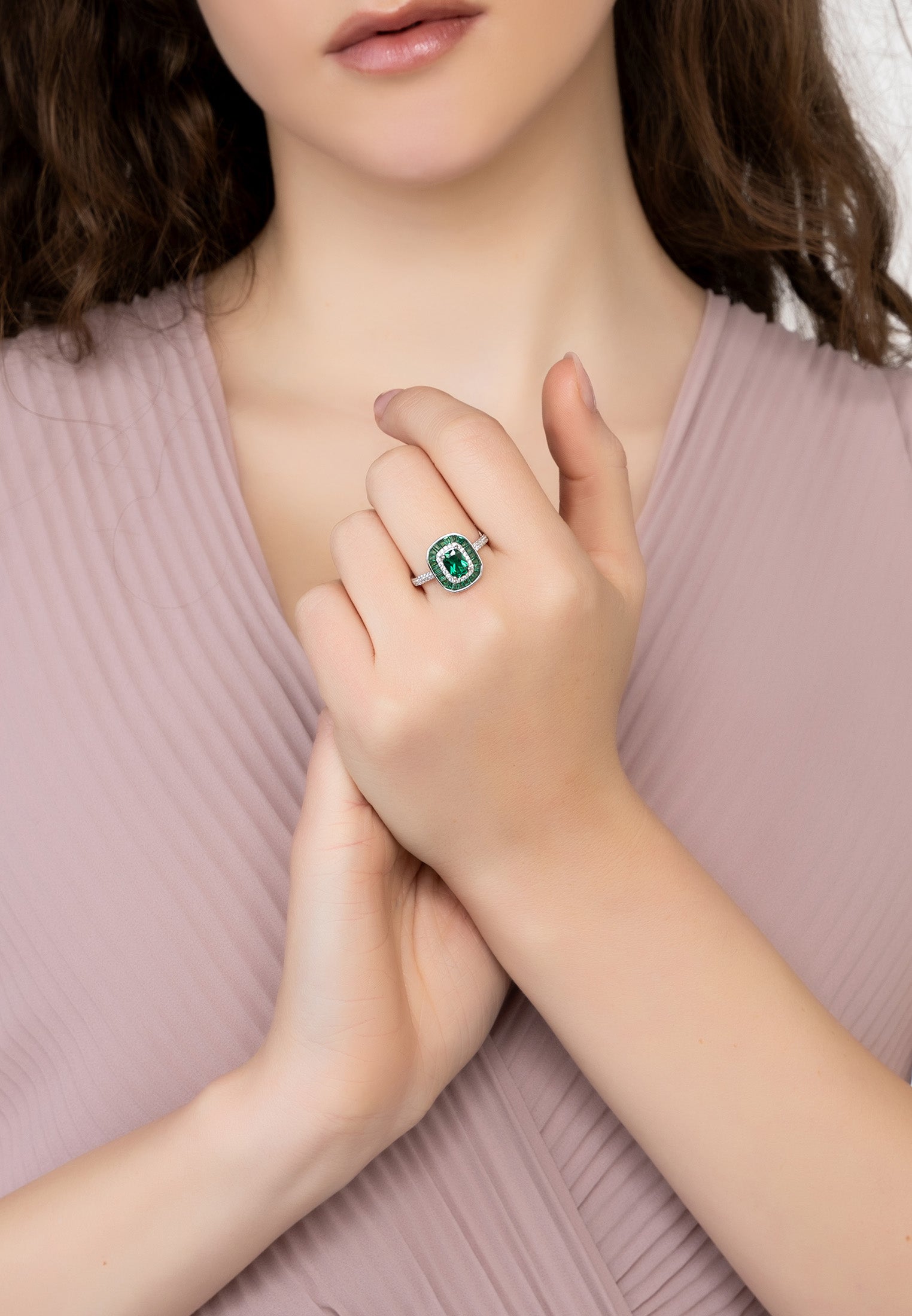 Great Gatsby Cocktail Ring Emerald Silver