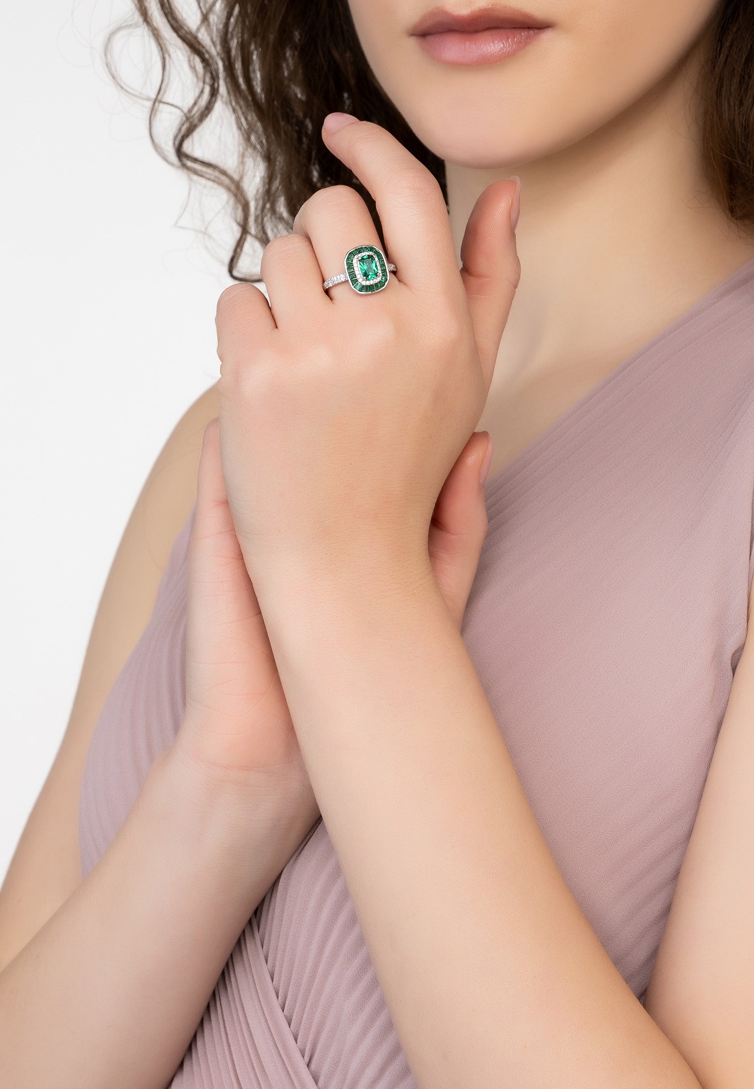 Great Gatsby Cocktail Ring Emerald Silver
