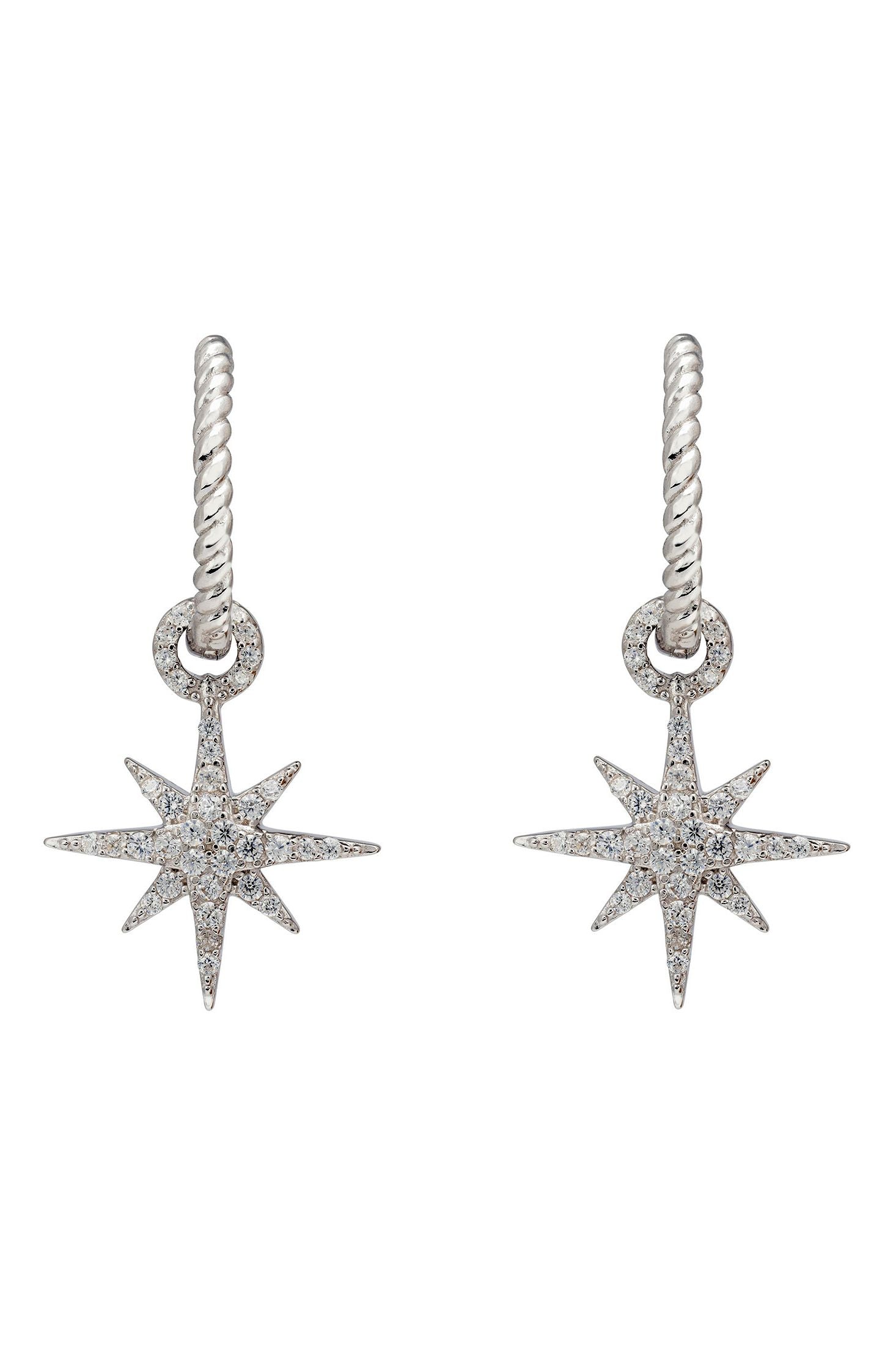 Front view of Twisted Flax With Starburst Hoop Earrings Silver, showing star design, silver finish.