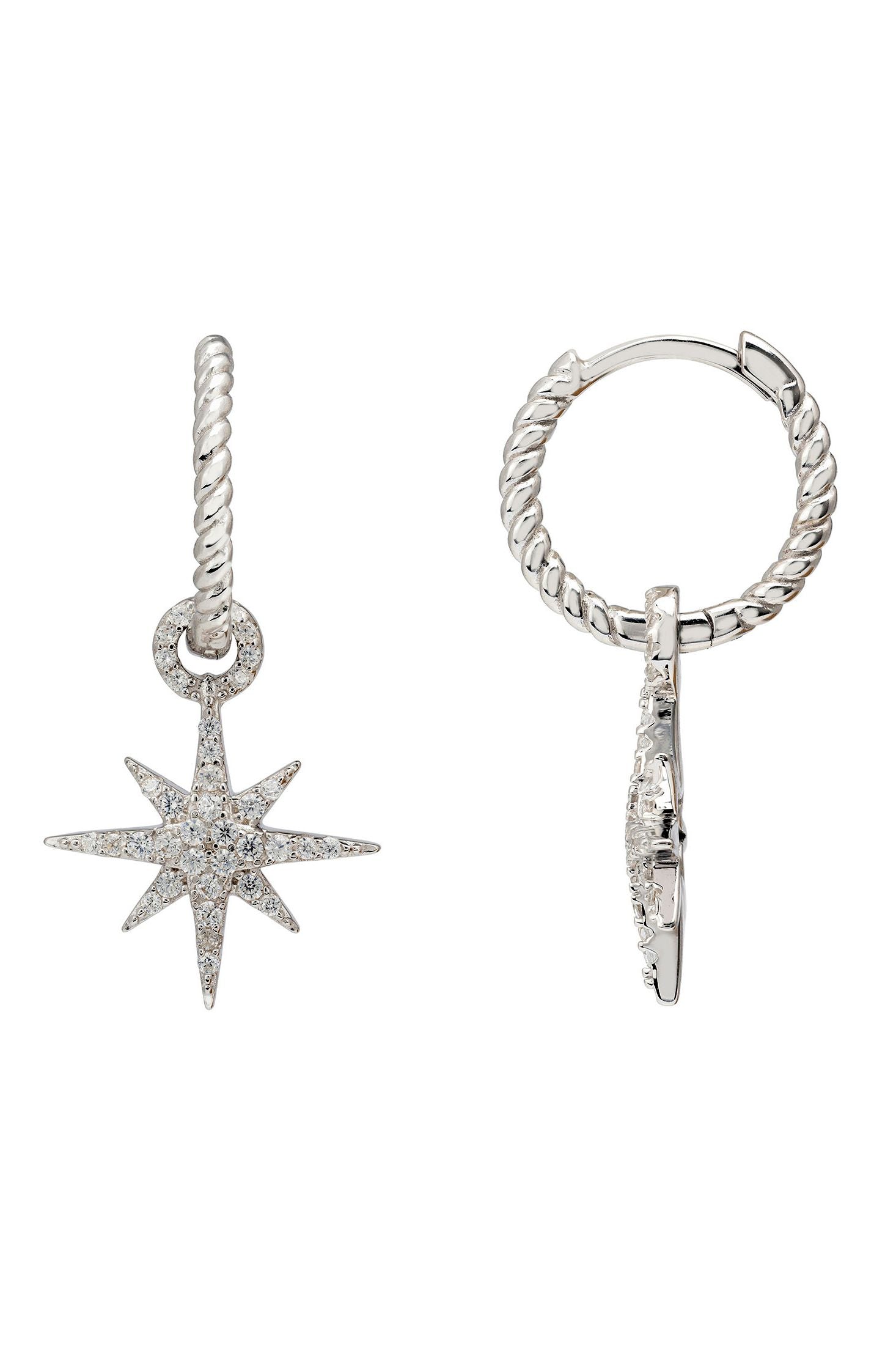Angled view of Twisted Flax With Starburst Hoop Earrings Silver, showing star design, silver finish and the jewellery profile.
